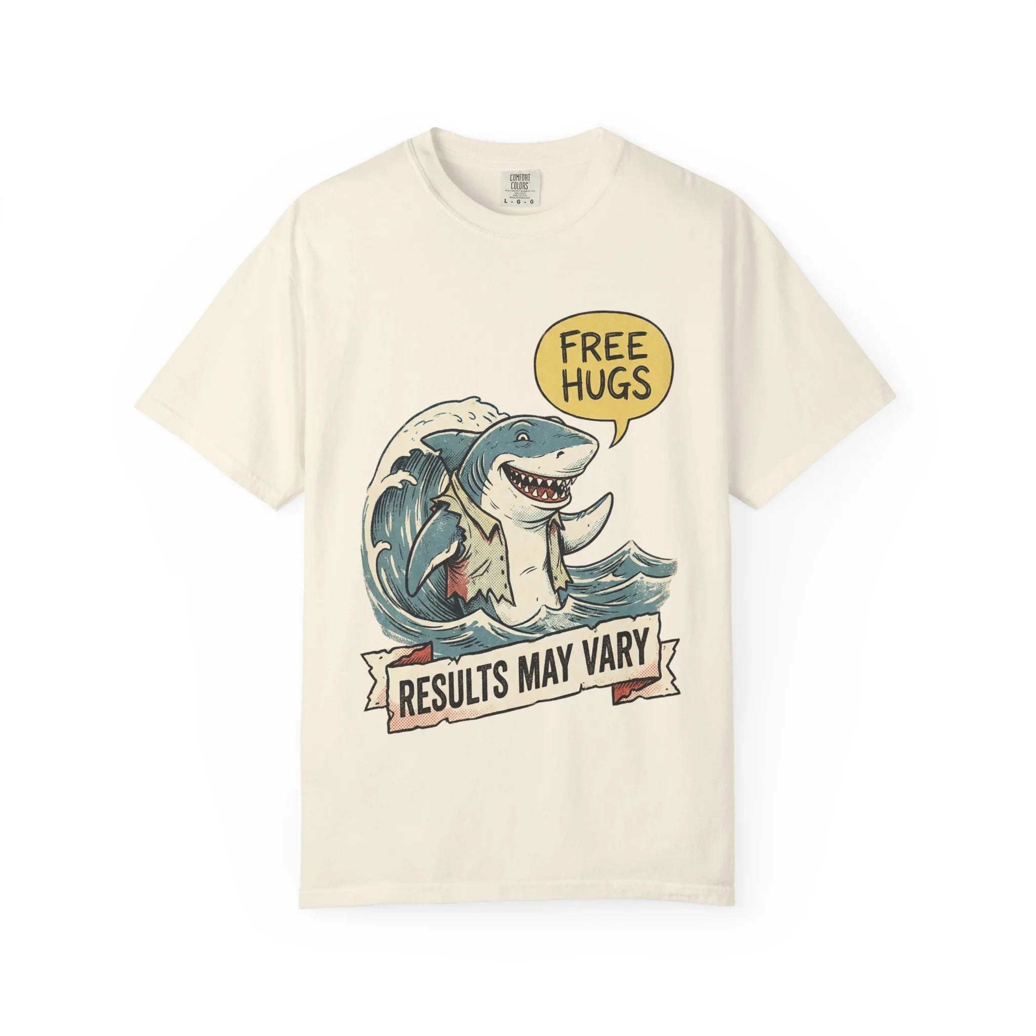 Vintage Shark Shirt - Funny "Free Hugs" T-Shirt - Dark Humor Gift - Retro Graphic Tee - Sarcastic Ocean Lover Top - Grunge Style Animal Apparel Ivory