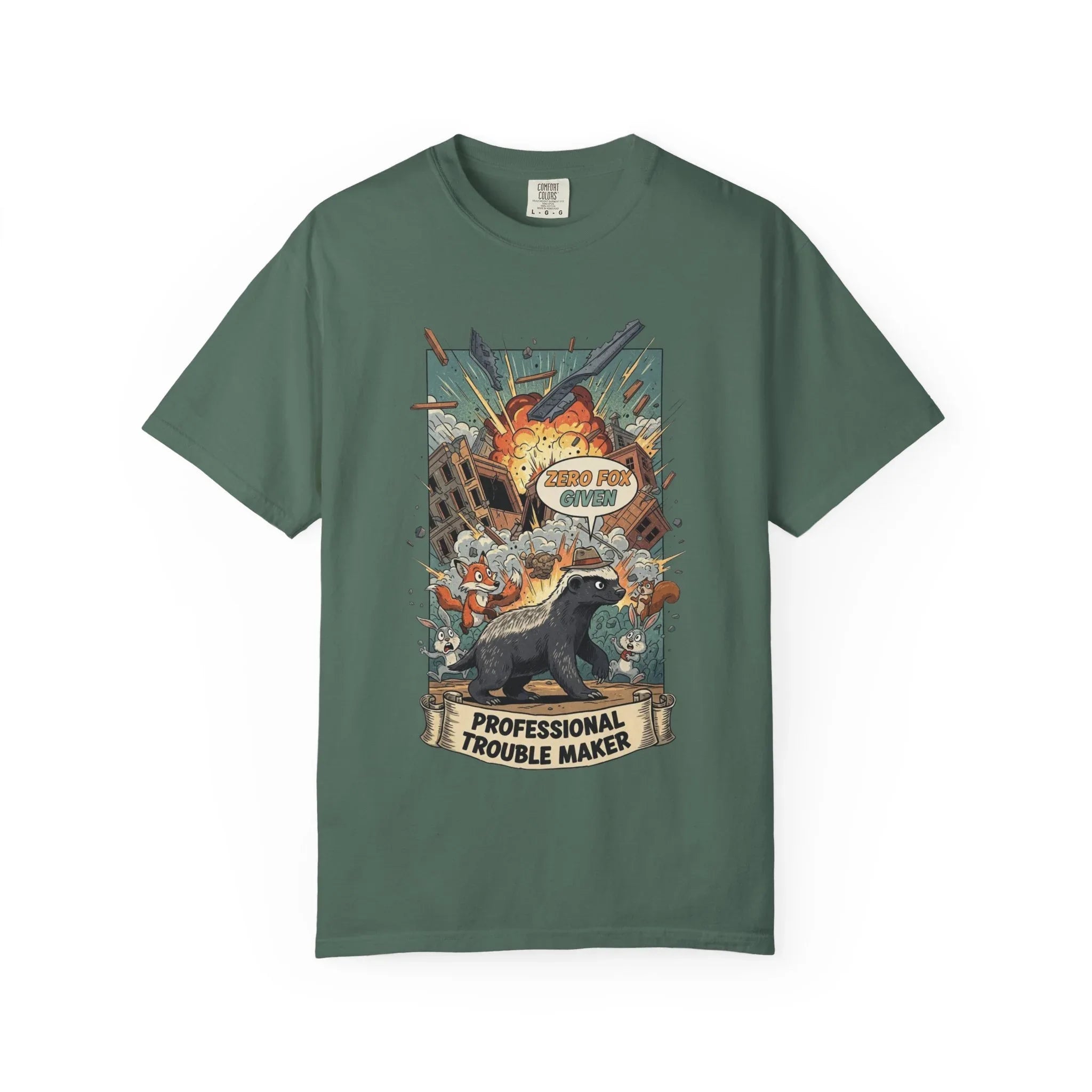 Funny Honey Badger Shirt - "Zero Fox Given" Hoodie - Professional Trouble Maker Tee - Retro Comic Style Graphic - Cool Animal Meme Gift for Sarcastic Men & Women Blue Spruce