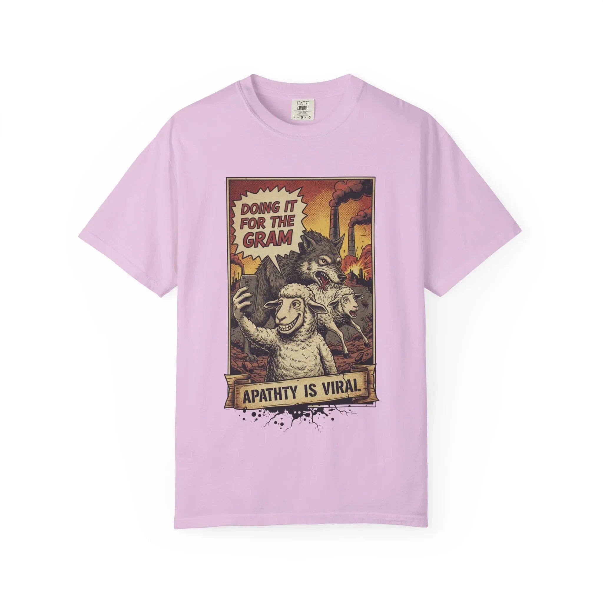 Doing It For The Gram Vintage Shirt - Satirical Wolf and Sheep Graphic Tee - Retro Social Media Irony T-Shirt - 1950s Propaganda Style Dark Humor - Unapologetic Social Critique Apparel Orchid
