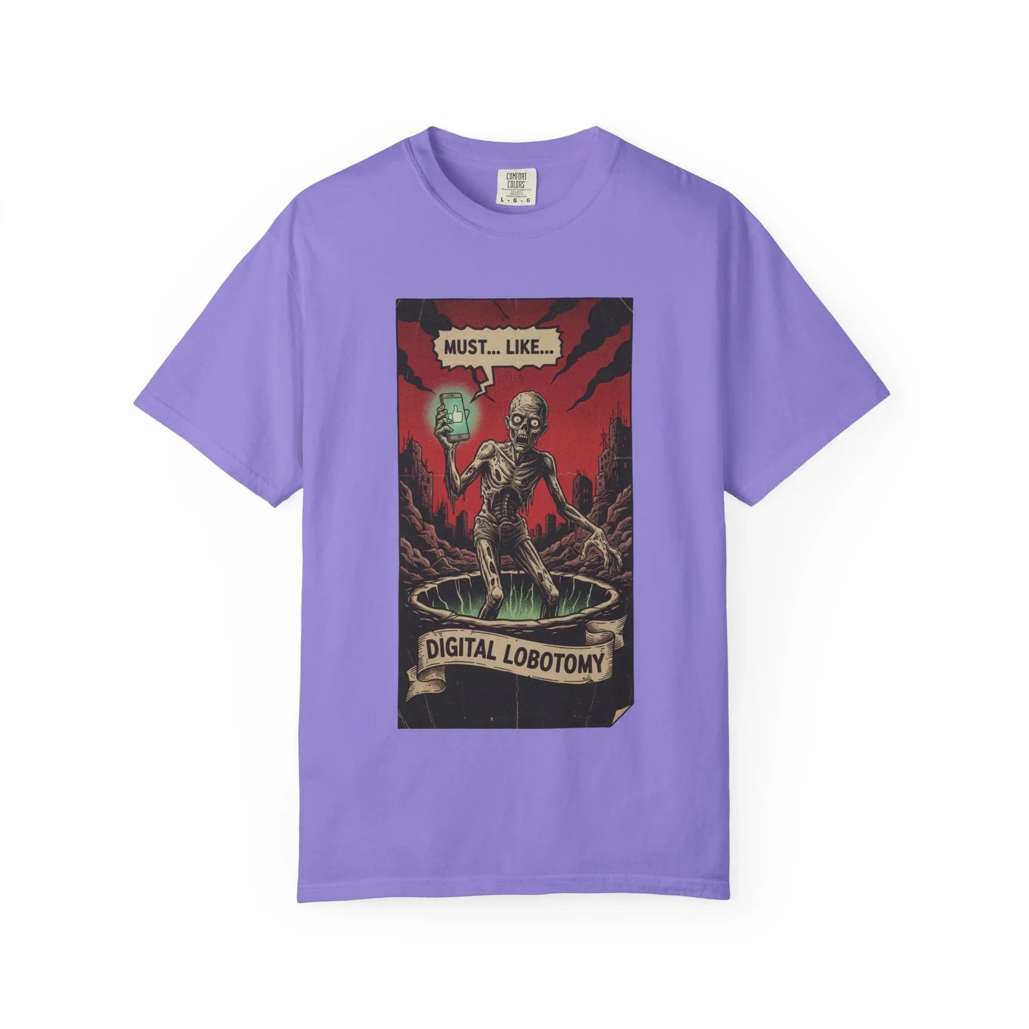 Digital Lobotomy Shirt - Vintage Horror Zombie T-Shirt - Social Media Satire Tee - Retro Comic Style Graphic Shirt - Smartphone Addict Dark Humor Gift - Tech Skeptic Streetwear Violet