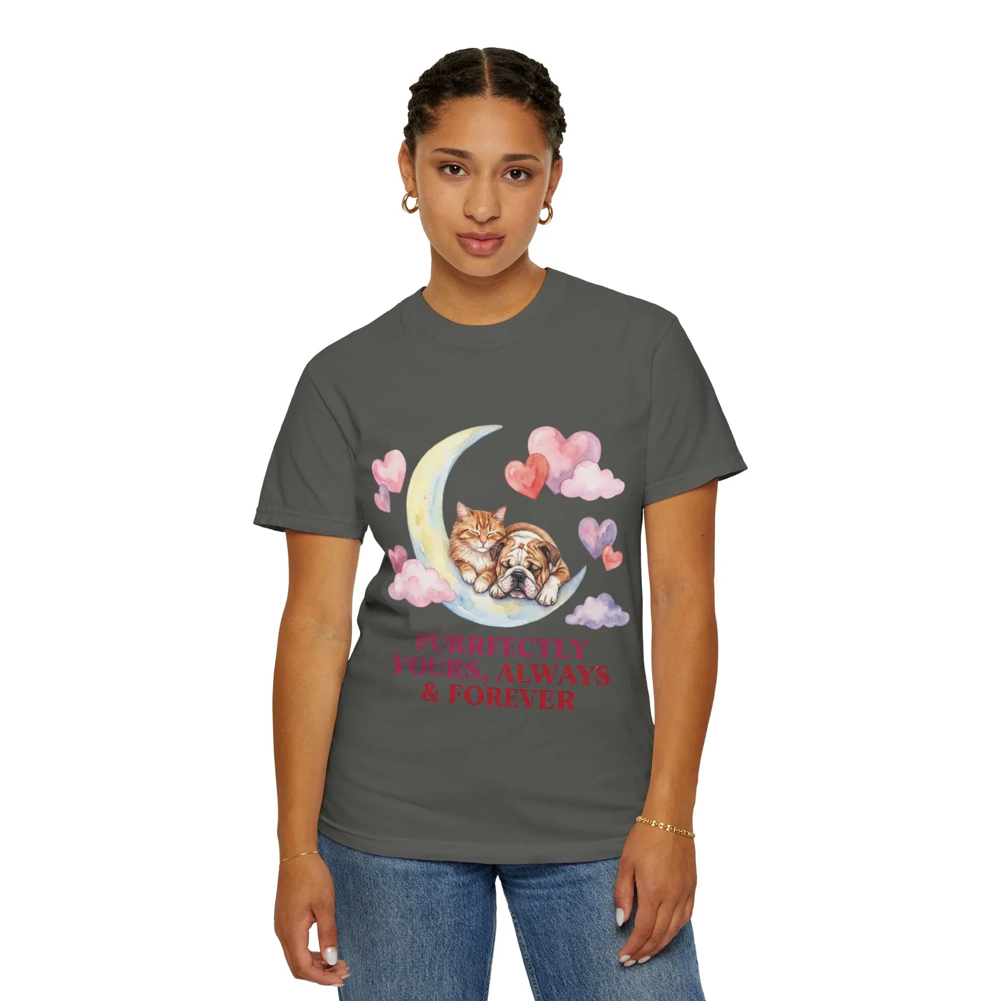 Purrfectly Yours Cat Dog Moon T Shirt Cute Pet Friends Hearts Watercolor Cozy Vintage Aesthetic Gift Pet Lovers Soft Cotton Romantic Tee
