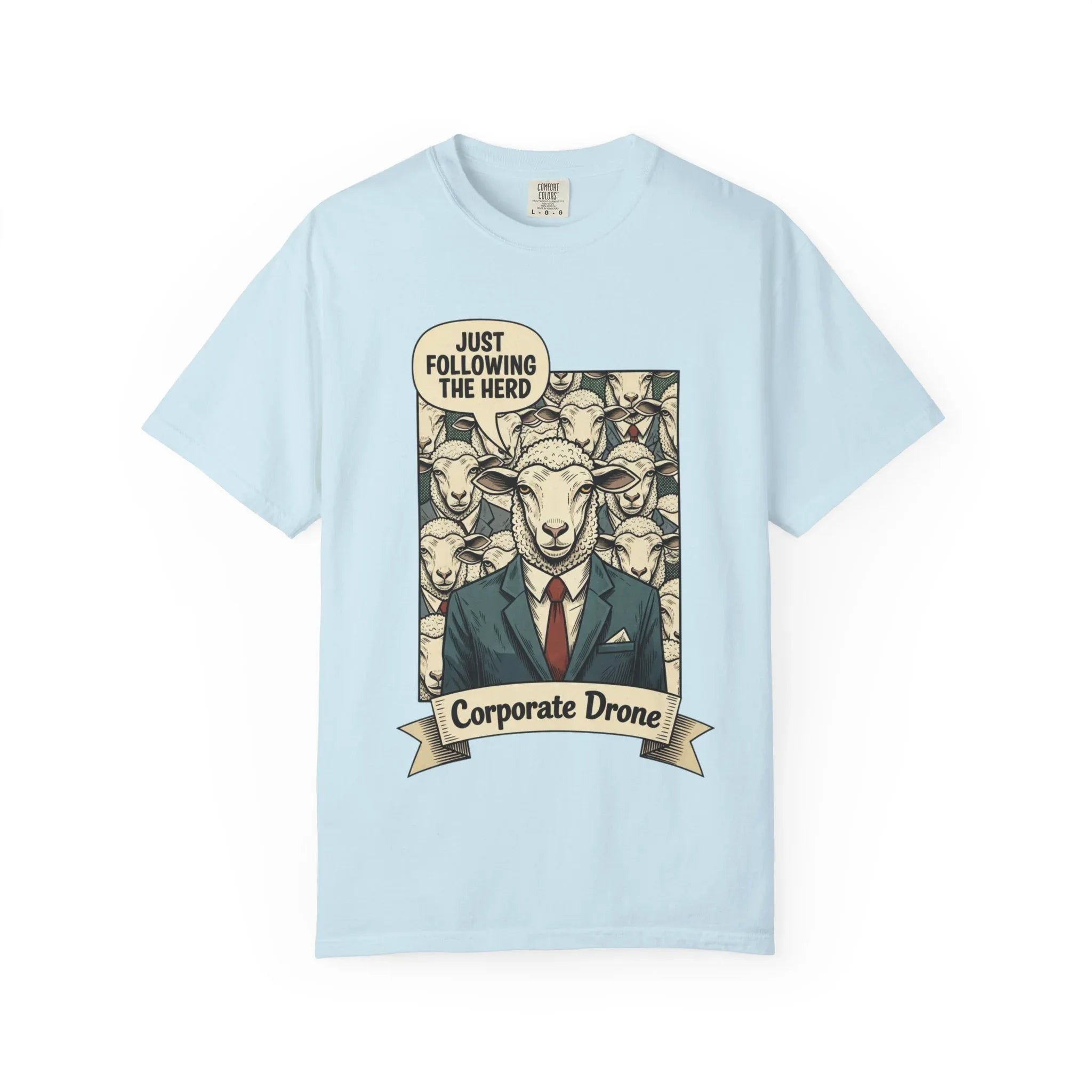 Funny Corporate Drone Shirt - Sheep in Suit Graphic Tee - Sarcastic Office Humor Gift - Vintage Anti-Work Clothing - Relatable Coworker T-Shirt Chambray