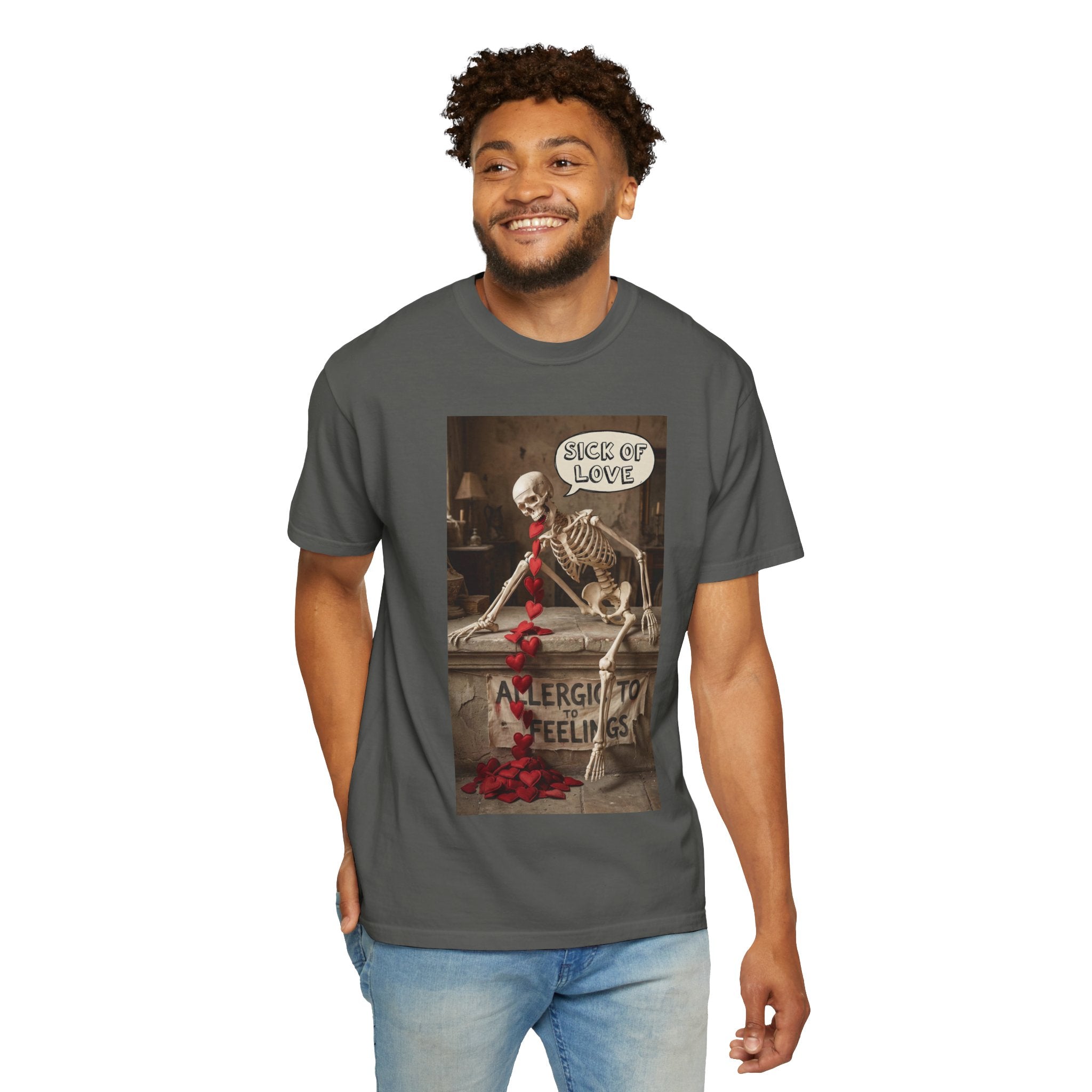 Sick of Love Skeleton T-Shirt - Allergic to Feelings Anti-Valentine Tee - Funny Dark Humor Graphic Shirt - Sarcastic Skeleton Gift Pepper