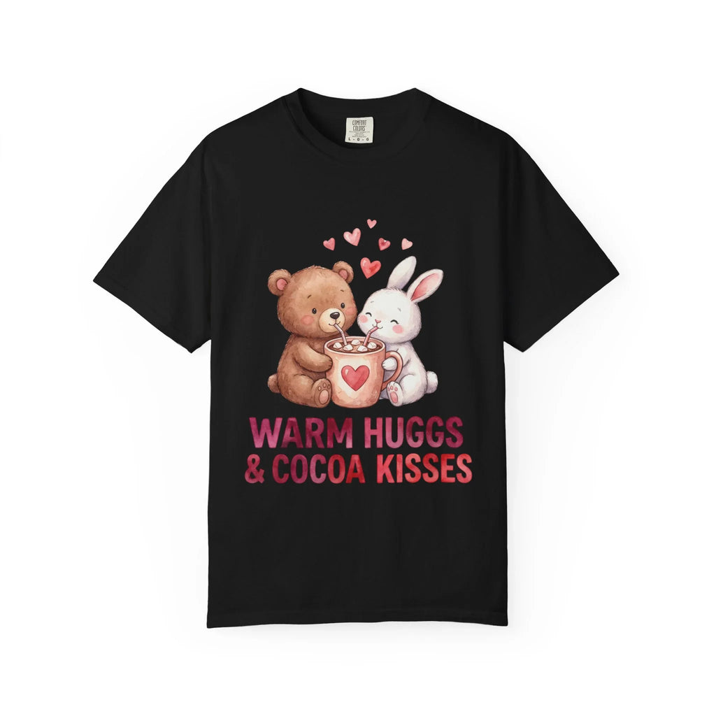 Warm Hugs and Cocoa Kisses T-Shirt | Bear Bunny Hot Cocoa Design | Cozy Winter Valentine Gift | Soft Vintage Aesthetic Tee Black