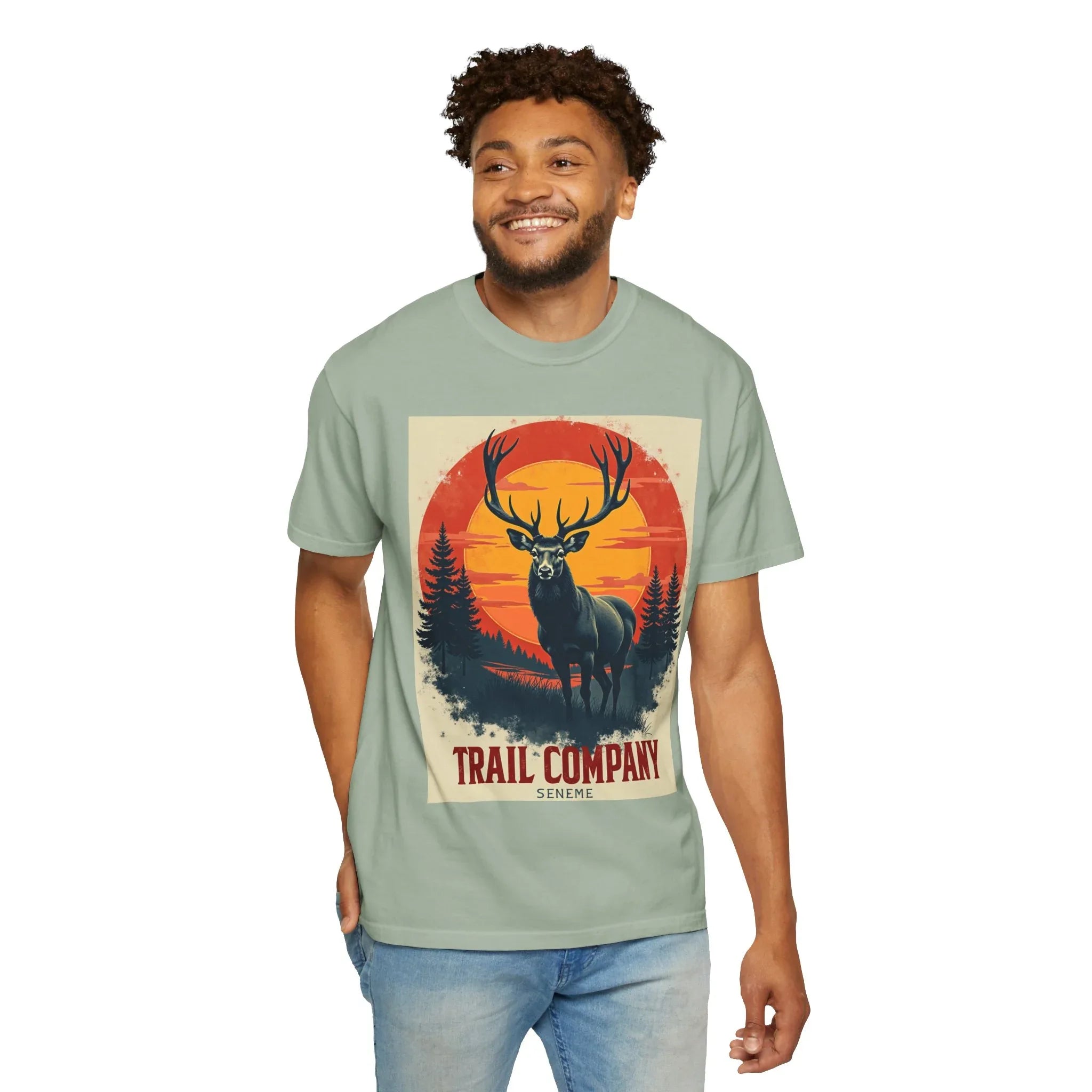 Stag Sunset Trail Company Shirt, Vintage Elk Deer Tee, Retro Sunset Forest T-Shirt, Hiking Camping Cabin Outdoors Gift Bay