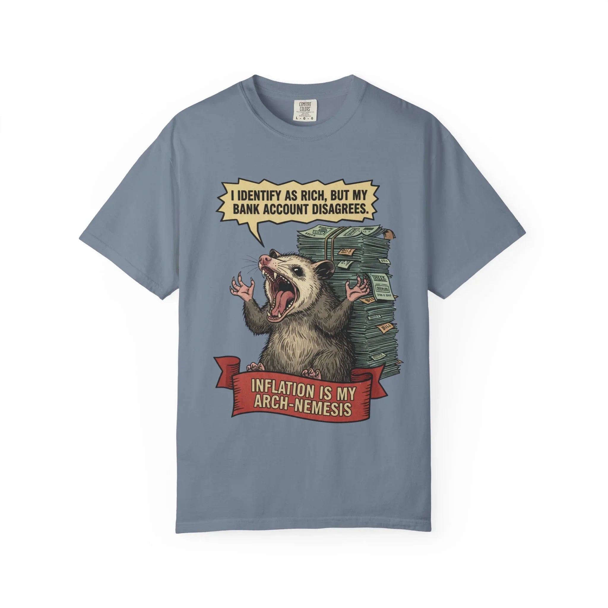 Funny Opossum Shirt - "I Identify As Rich" Inflation Meme Gift - Screaming Possum Hoodie - Relatable Money Humor T-Shirt - Vintage Style Animal Top Blue Jean