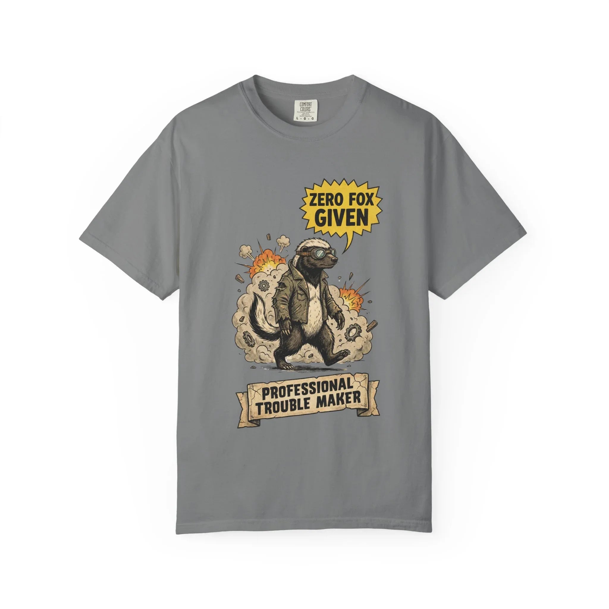 Honey Badger Shirt - "Zero Fox Given" T-Shirt - Professional Trouble Maker - Funny Animal Tee - Vintage Biker Gift - Sarcastic Graphic Top for Rebels Grey