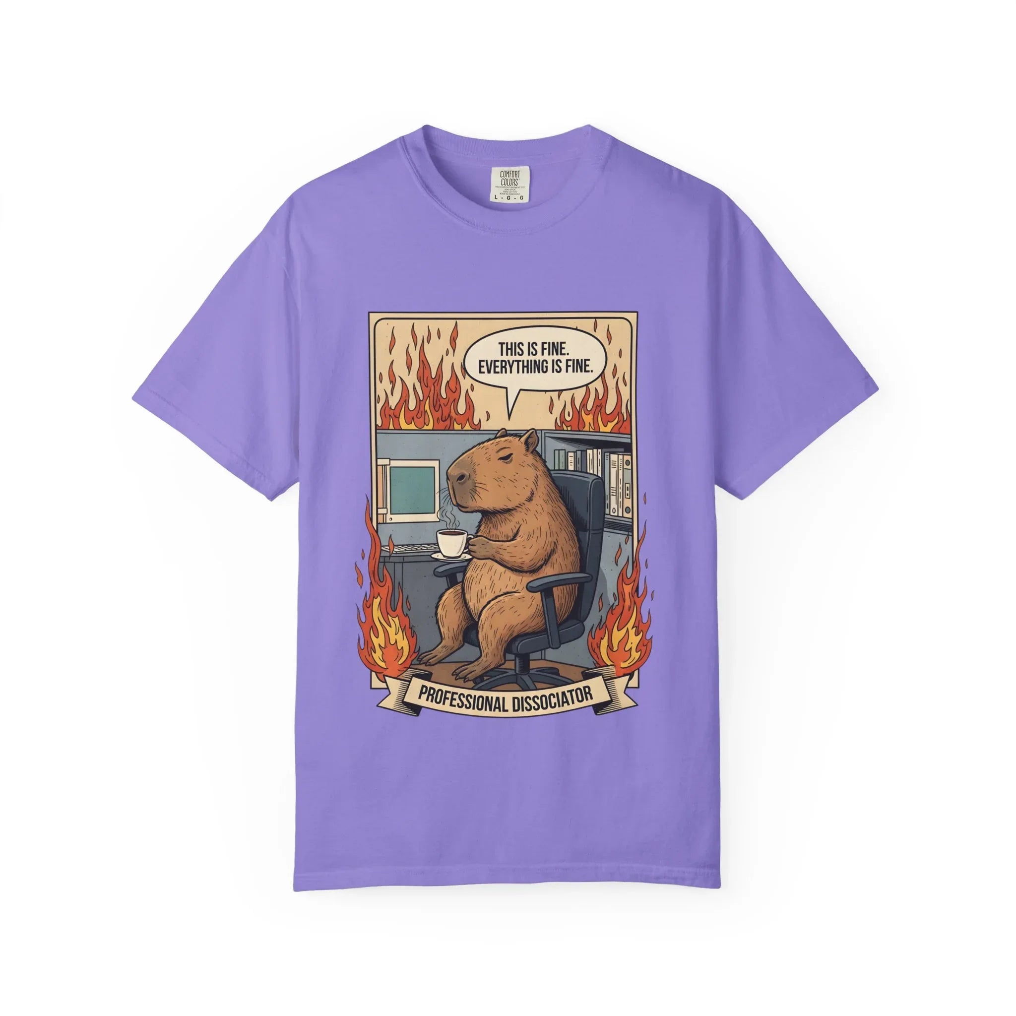 Funny Capybara Shirt - "This Is Fine" Meme Hoodie - Professional Dissociator Gift - Office Humor Graphic Tee - Anxiety & Mental Health Crewneck - Cute Chill Rodent Top Violet