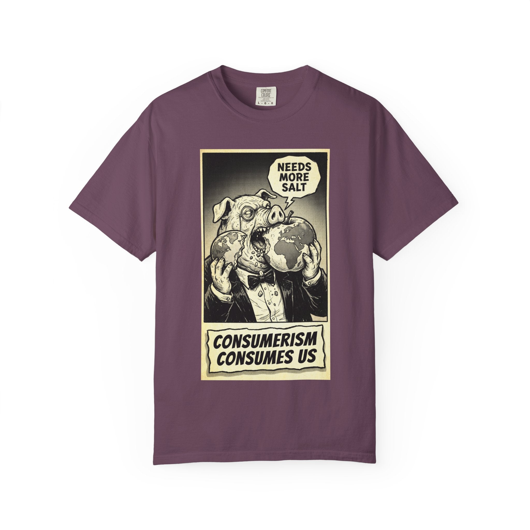 Consumerism Consumes Us T-Shirt | Vintage Satire Corporate Pig Graphic Tee | Anti-Capitalism Activist Apparel Berry
