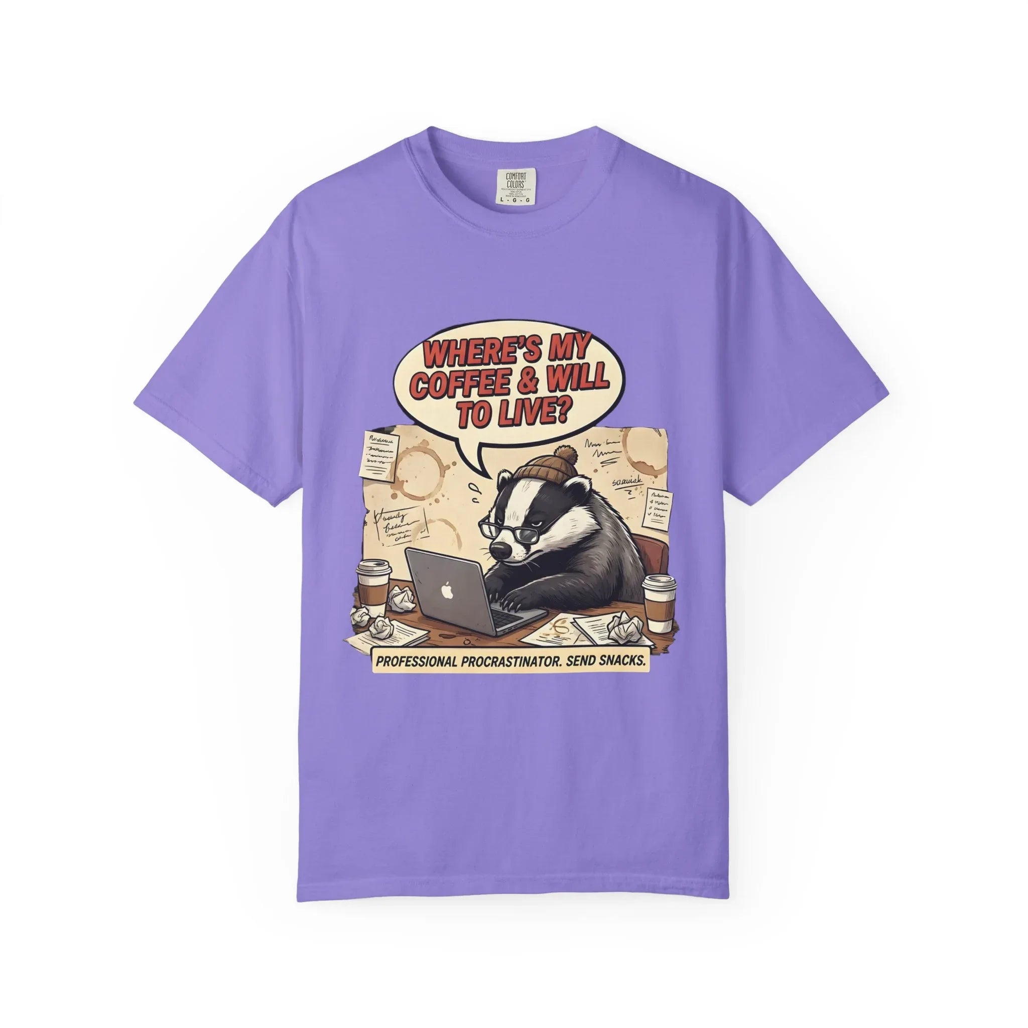 Where's My Coffee and Will to Live Badger T-Shirt | Procrastination Coffee Design | Funny Freelancer Gift | Vintage Sarcastic Humor Tee Violet