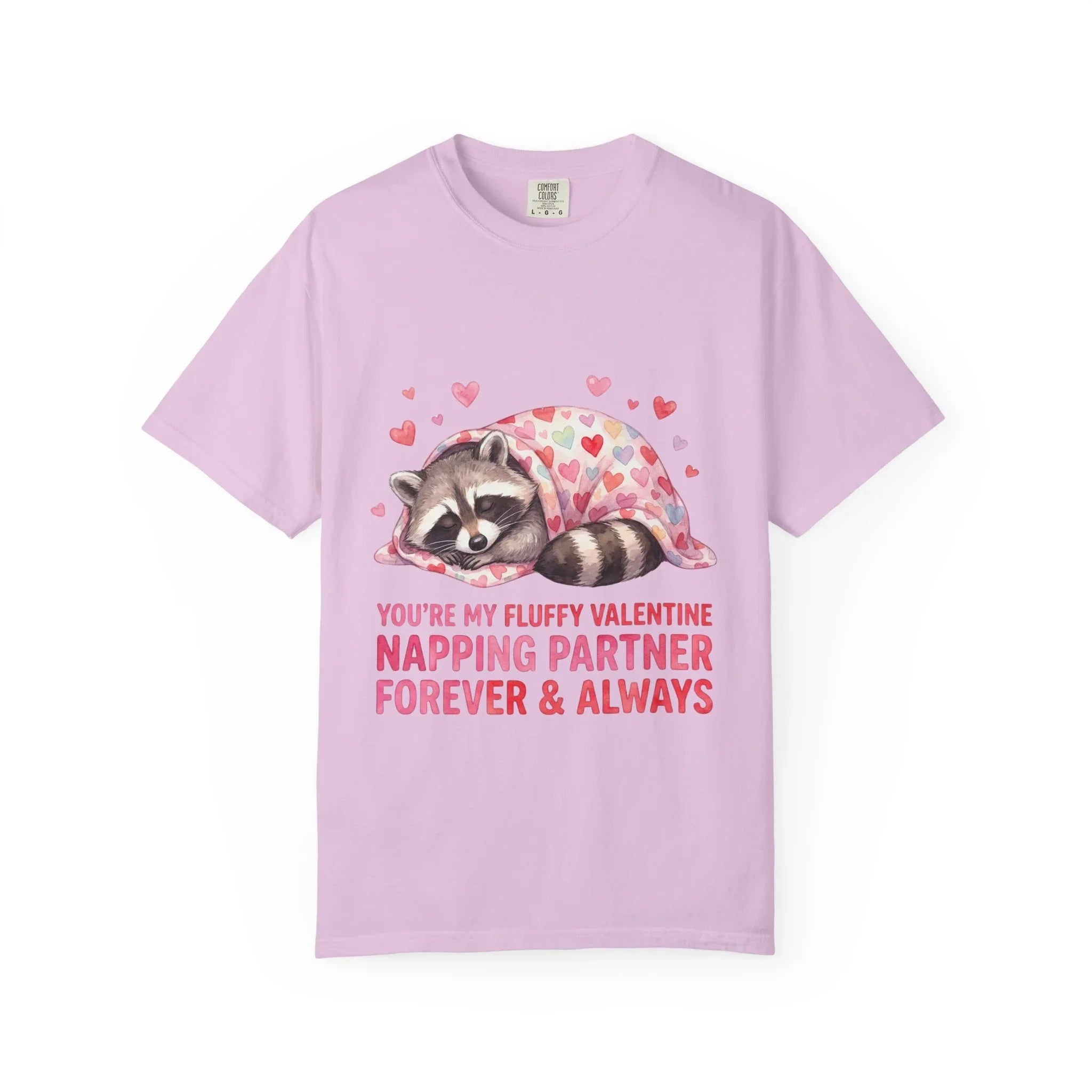 Sleeping Raccoon Valentine T Shirt Fluffy Napping Partner Forever Watercolor Cozy Vintage Aesthetic Gift Animal Lovers Soft Cotton Romantic Orchid