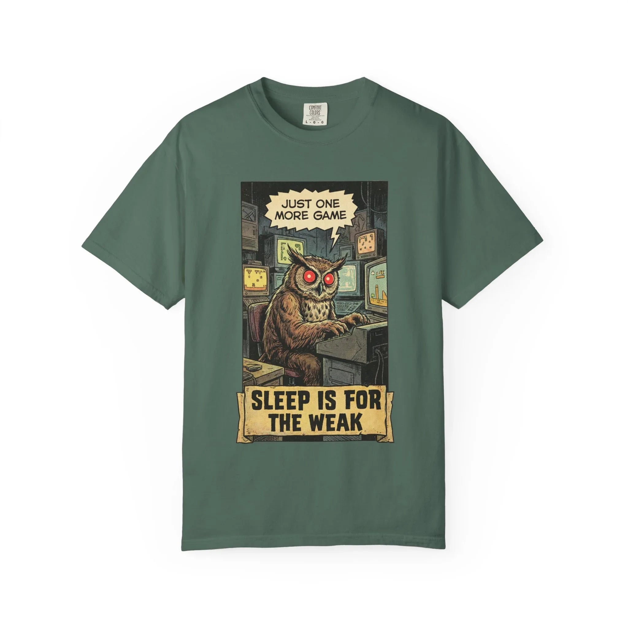 Funny Gamer Owl Shirt - "Just One More Game" Retro T-Shirt - Sarcastic Sleep is for the Weak Graphic Tee - Vintage Night Owl Gaming Gift - Gamer Husband & Boyfriend Gift Blue Spruce