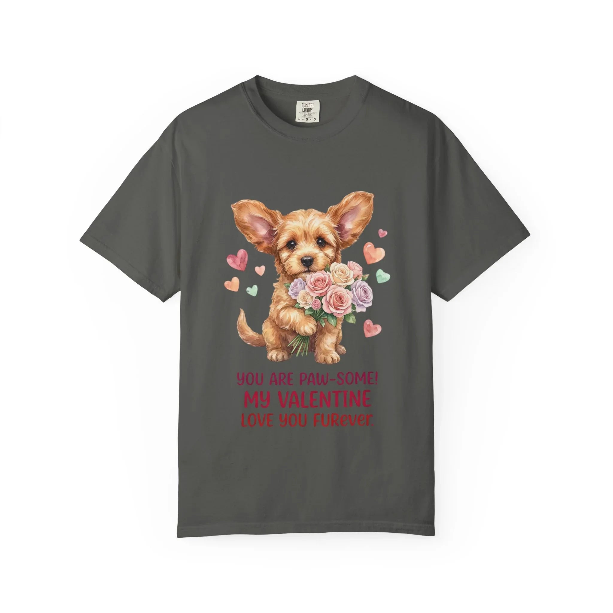 Cute Puppy Holding Roses Valentine T Shirt Paw-some Love You Furever Watercolor Cozy Vintage Aesthetic Gift Dog Lovers Soft Cotton Romantic Pepper
