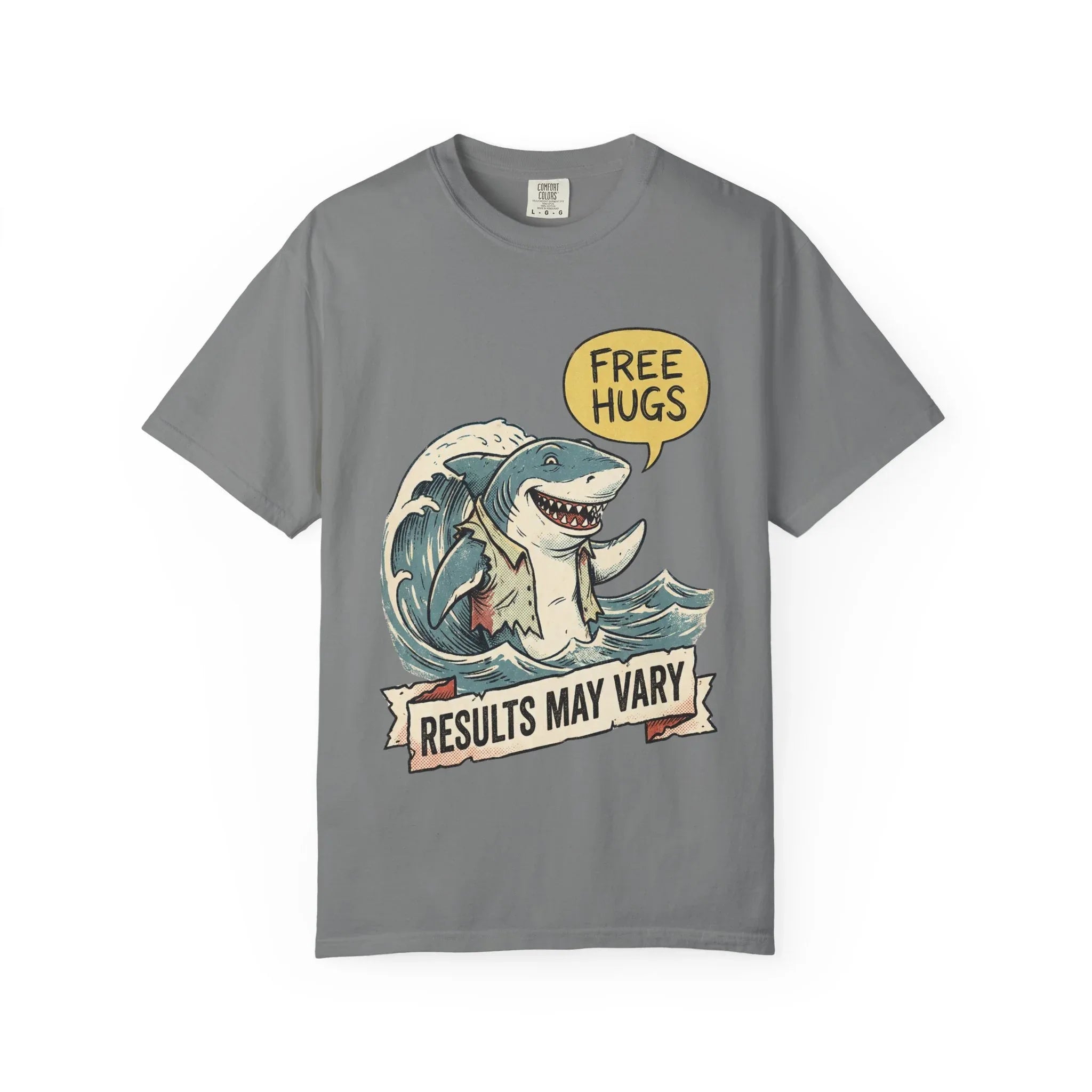Vintage Shark Shirt - Funny "Free Hugs" T-Shirt - Dark Humor Gift - Retro Graphic Tee - Sarcastic Ocean Lover Top - Grunge Style Animal Apparel Grey