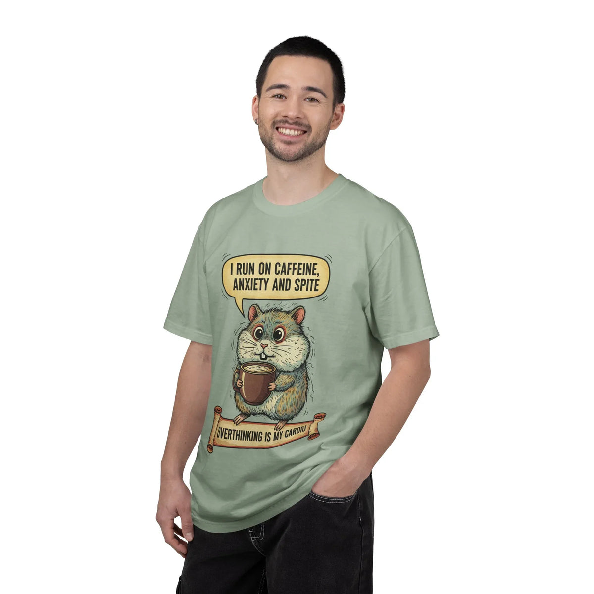 Funny Hamster Coffee Shirt - "Overthinking is My Cardio" T-Shirt - Caffeine Anxiety and Spite Gift - Sarcastic Mental Health Graphic Tee - Retro Jittery Hamster Overthinker Gift
