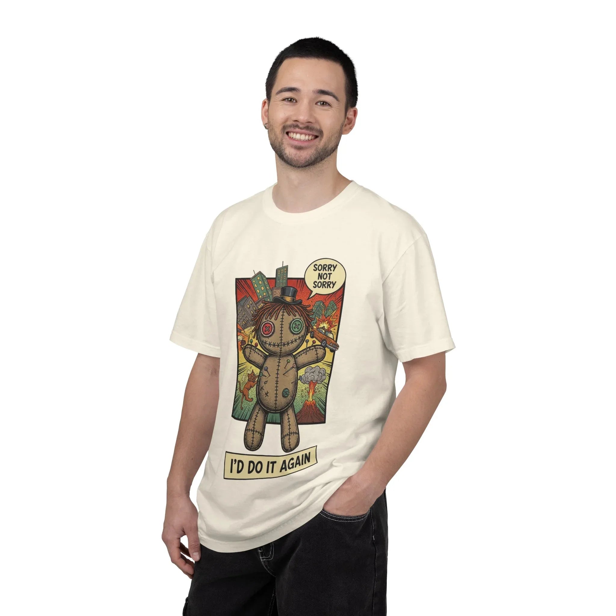 Funny Voodoo Doll Sarcastic Shirt - Retro Comic Dark Humor Graphic Tee - "I'd Do It Again" Sorry Not Sorry Unapologetic Mood T-Shirt - Vintage Garment-Dyed Streetwear Ivory