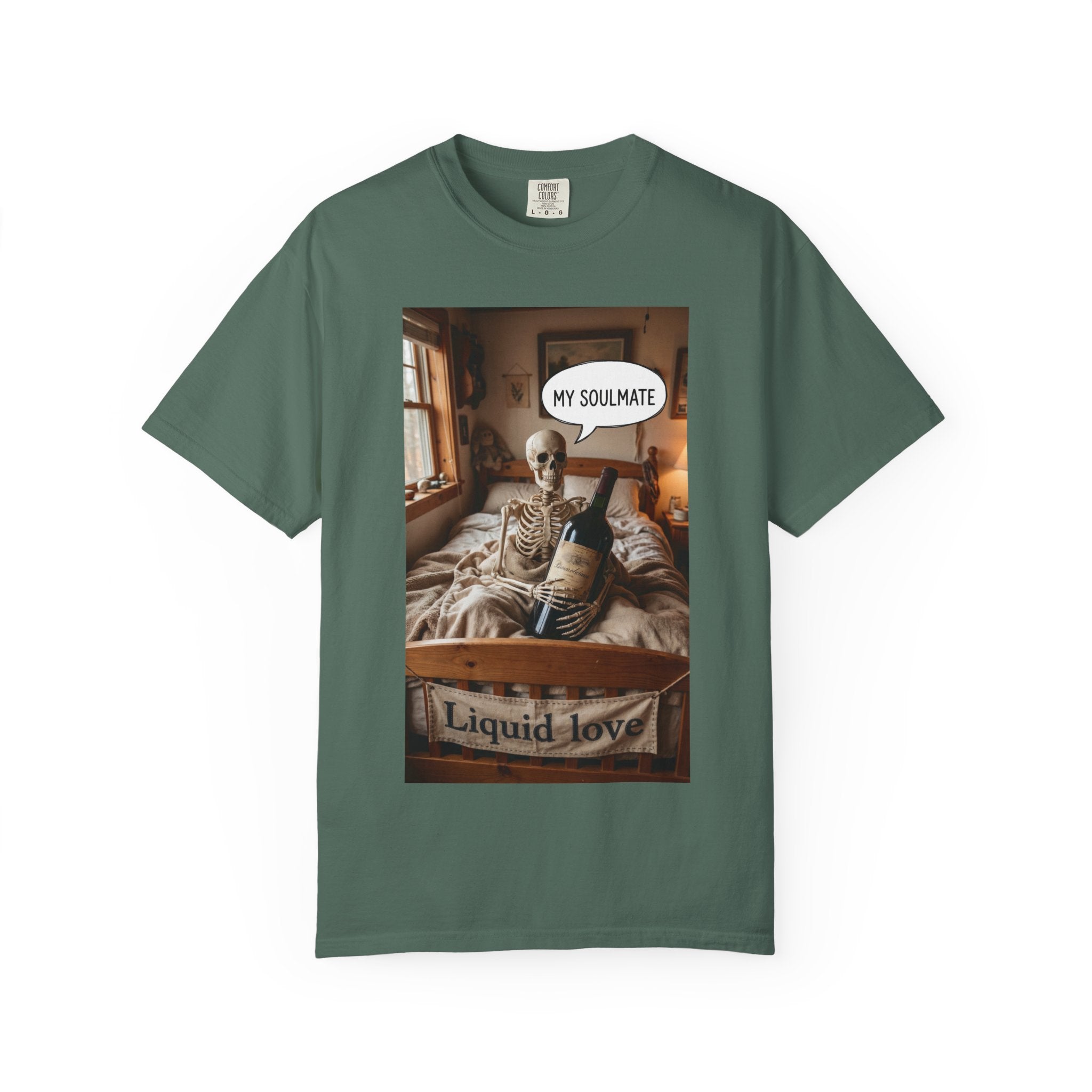 Liquid Love Skeleton Wine Shirt - Funny Soulmate Gift - Dark Humor T-Shirt - Gothic Cottagecore Graphic Tee - Sarcastic Wine Enthusiast Apparel Blue Spruce