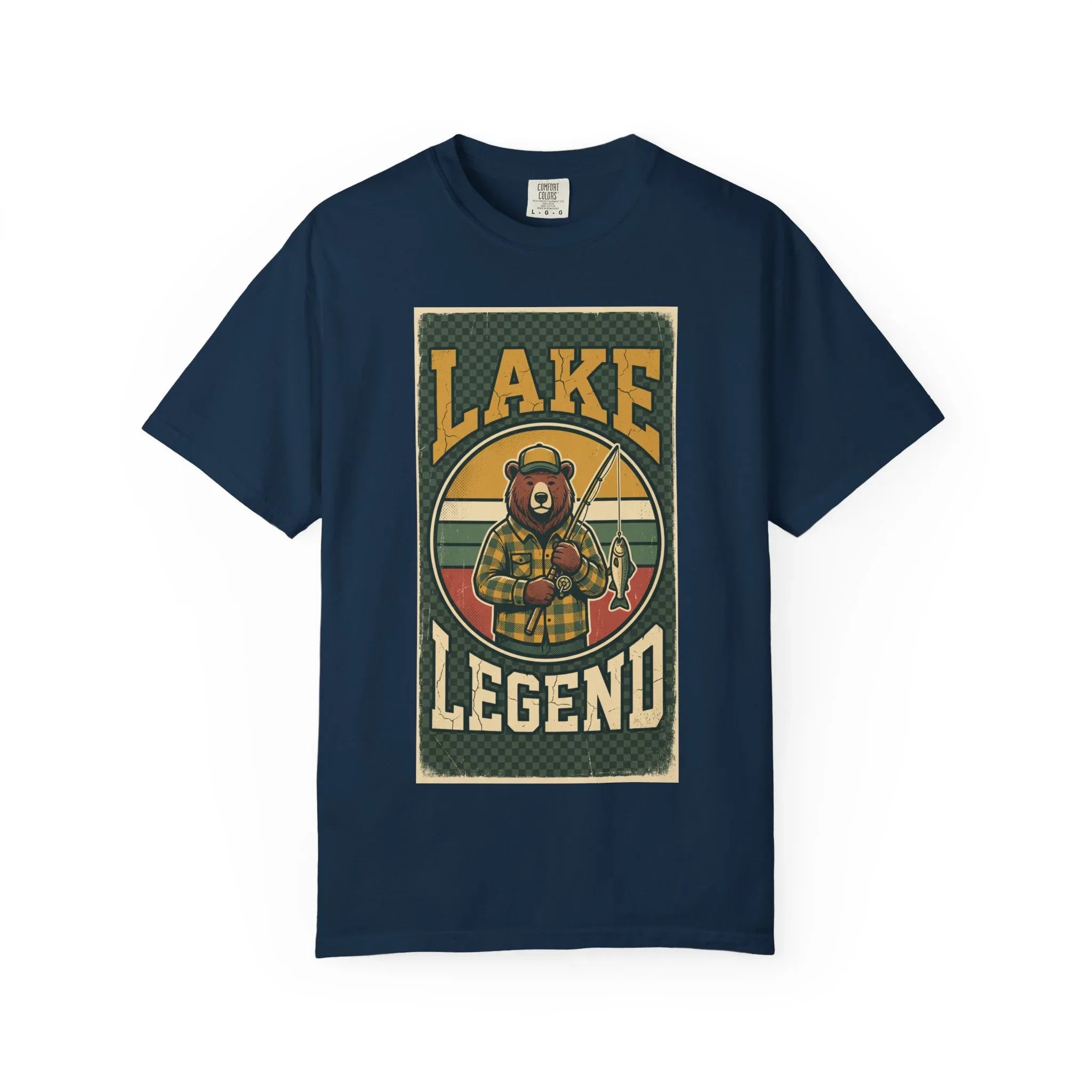 Lake Legend Bear Fishing T-Shirt | Retro Outdoors Graphic Tee | Vintage Cabin Lake Life Shirt | Garment-Dyed Heavyweight Unisex True Navy