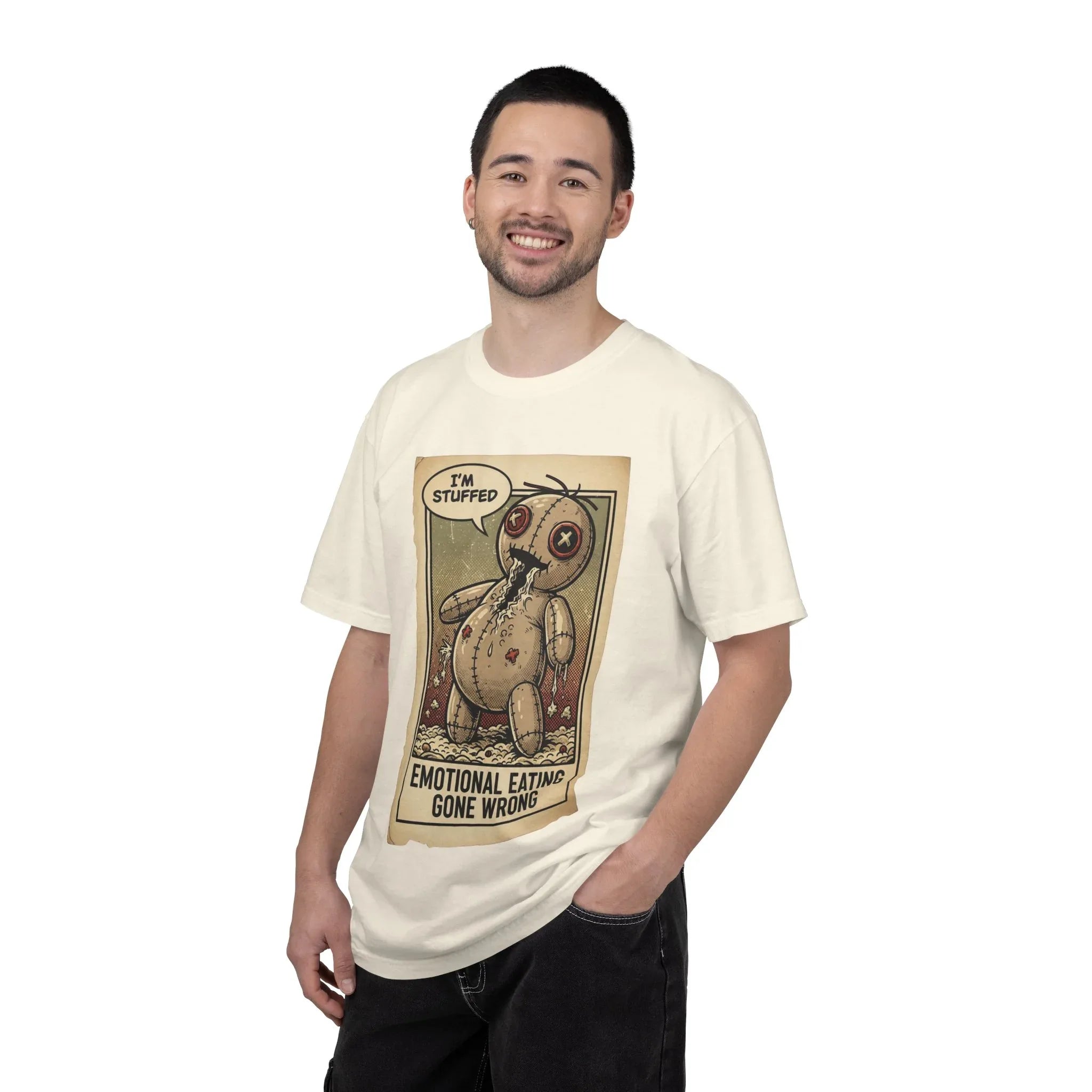Funny Voodoo Doll "I'm Stuffed" Shirt - Emotional Eating Sarcastic Graphic Tee - Retro Dark Humor Foodie T-Shirt - Vintage Garment-Dyed Aesthetic Streetwear - Indie Lowbrow Art Mood Shirt Ivory