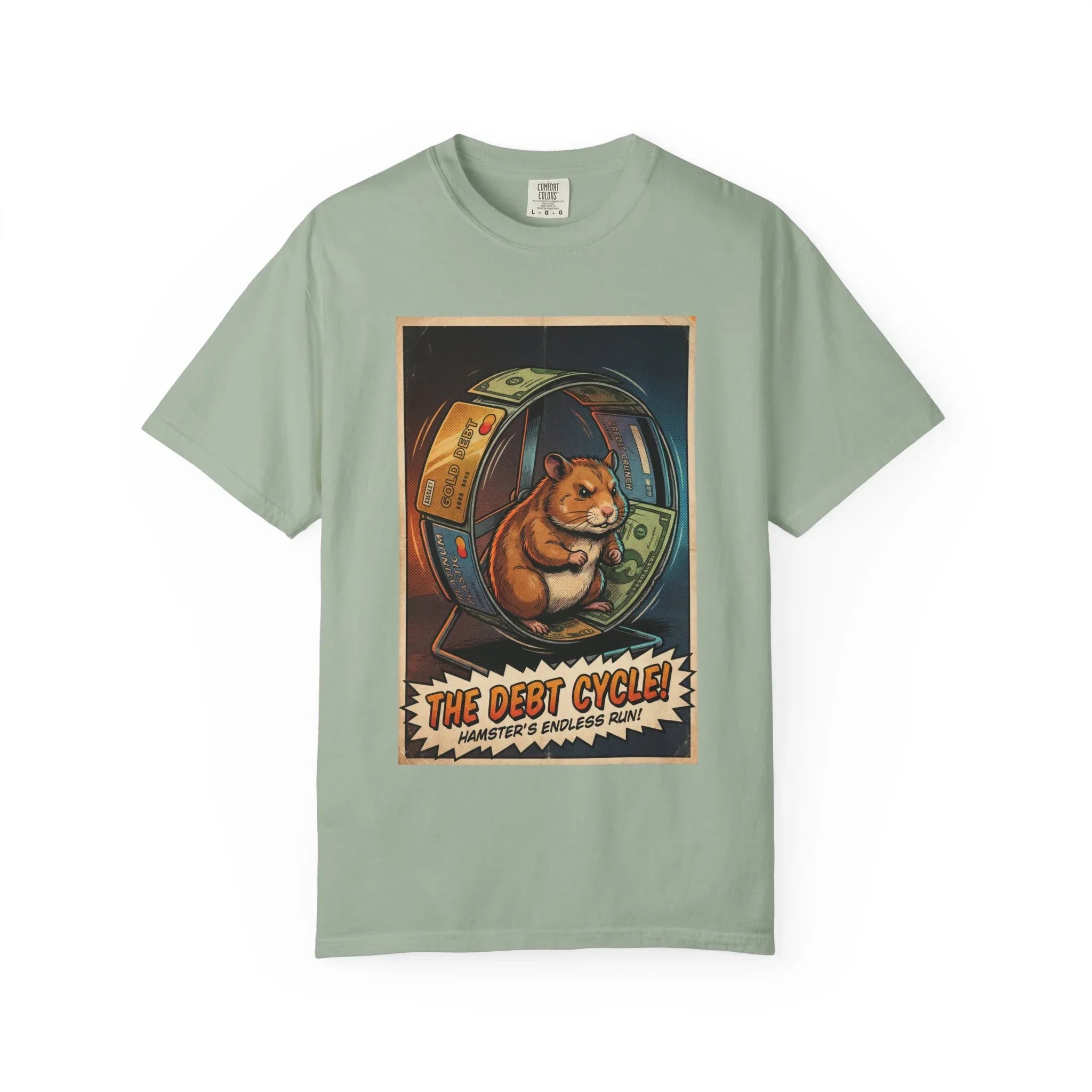 Funny Debt Cycle Hamster Shirt - Retro Comic Satire T-Shirt - Financial Humor Graphic Tee - Vintage Credit Crunch Money Art - Sarcastic Credit Card Debt Gift Bay