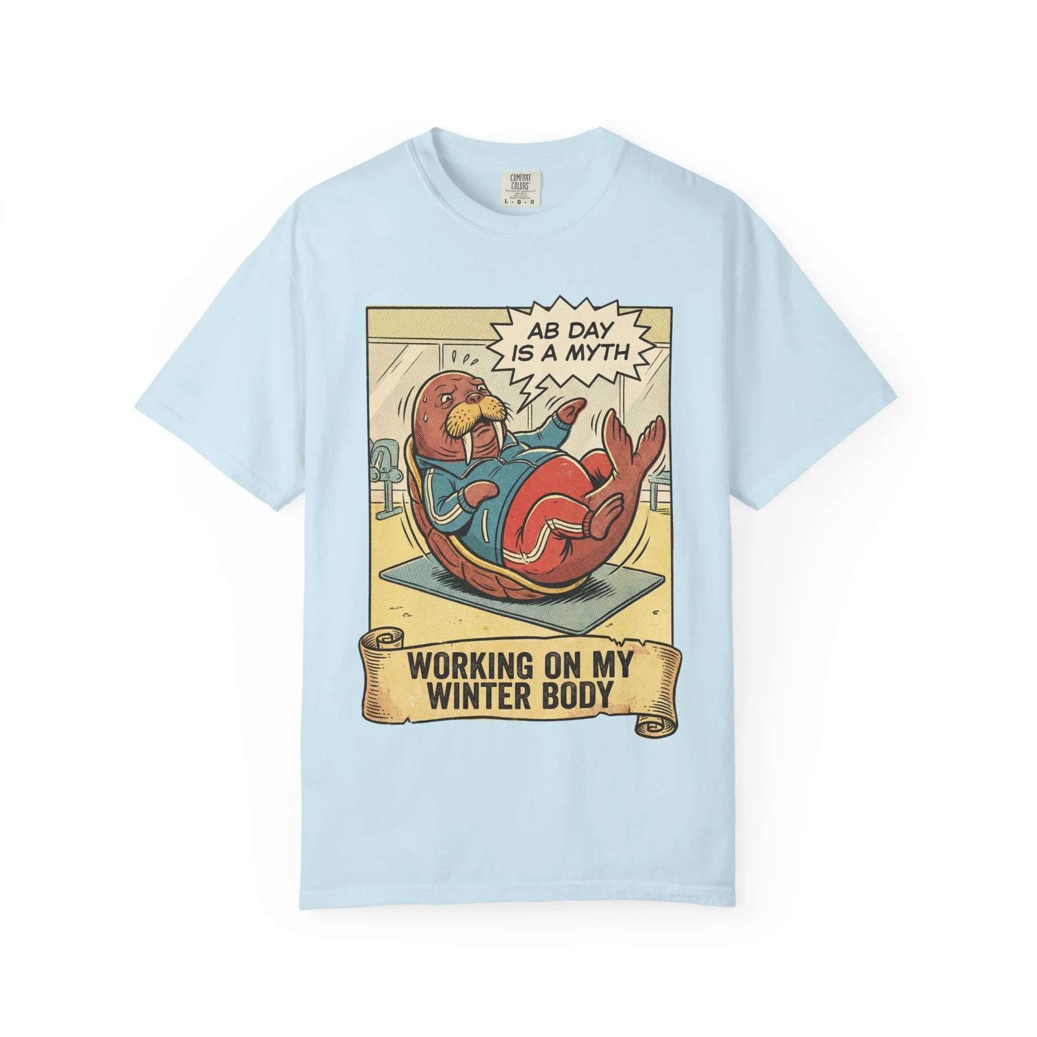 Funny Walrus Gym Shirt - "Ab Day Is A Myth" Retro Comic Tee - Sarcastic Workout Graphic T-Shirt - Working On My Winter Body Gift - Vintage Pop Art Fitness Streetwear Chambray