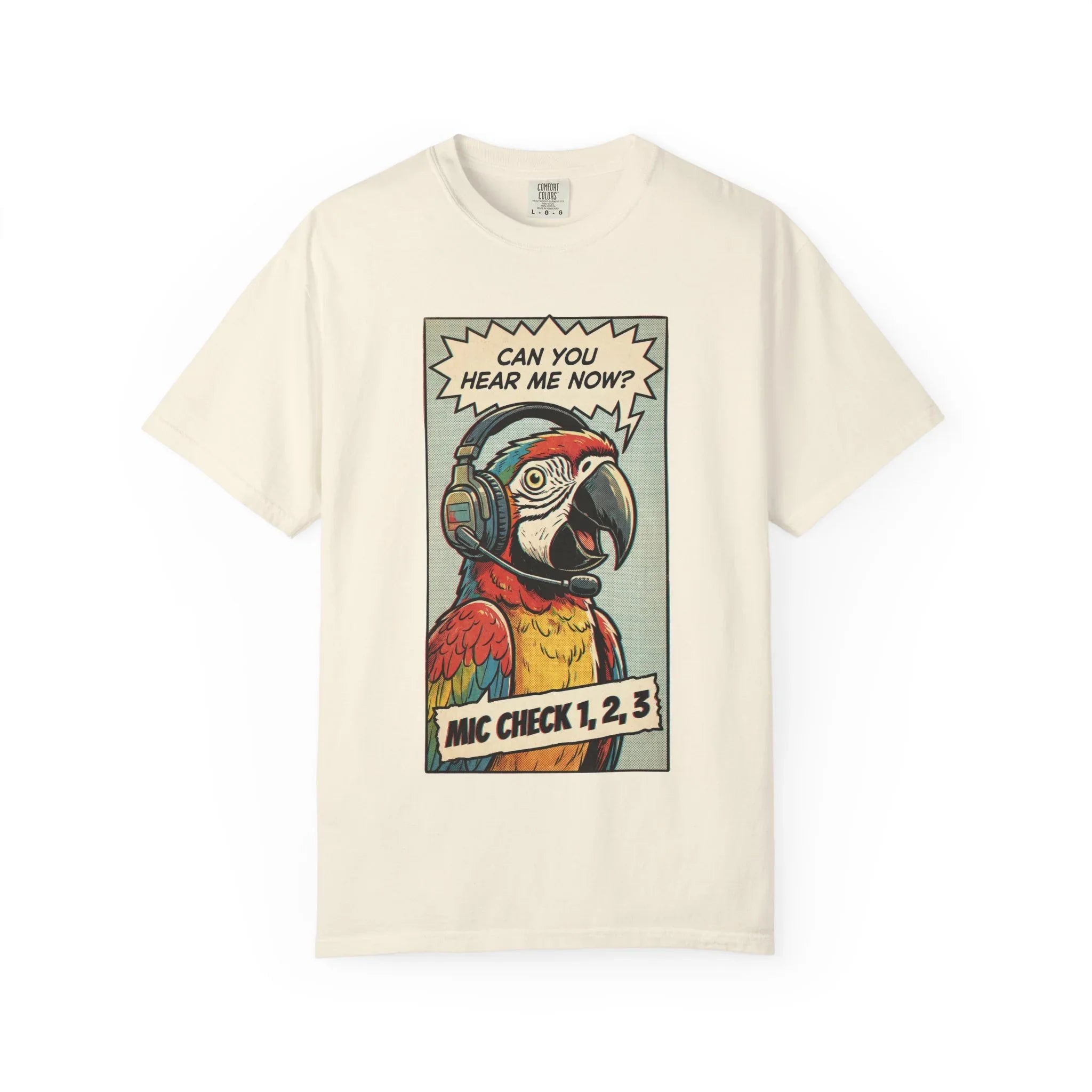 Funny Parrot Gamer Shirt - Vintage Comic Pop Art T-Shirt - Retro Macaw Bird "Mic Check" Graphic Tee - Sarcastic Podcast & Streamer Gift - Aesthetic Bird Lover Streetwear Ivory
