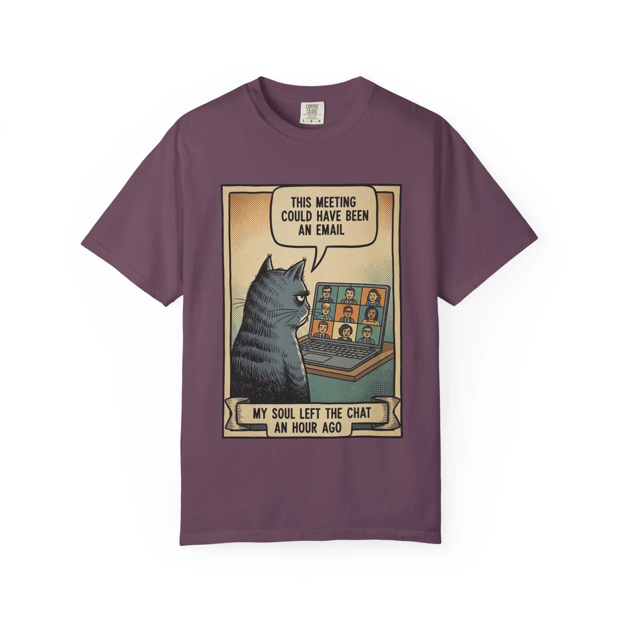 Funny Cat Work Shirt - "My Soul Left The Chat" Sarcastic Tee - Office Humor Gift for Coworker - Video Call Fatigue Meme Top - Work From Home (WFH) Uniform Berry M