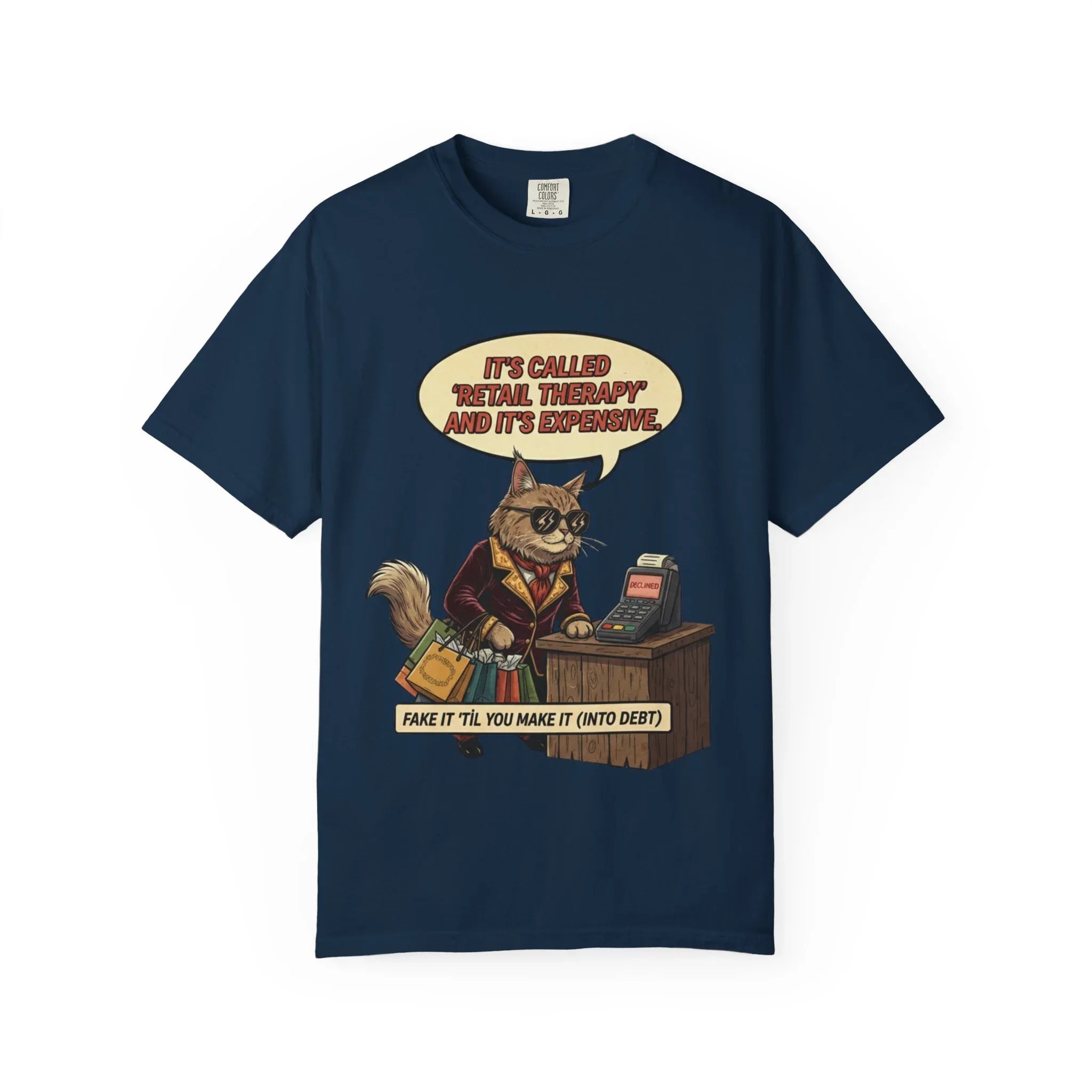 Funny Retail Therapy Cat Shirt - Sarcastic Shopping Meme Sweatshirt - "Declined" Screen Graphic Tee - Relatable Adulting Gift - Cute Cat Lover Sarcastic Apparel True Navy