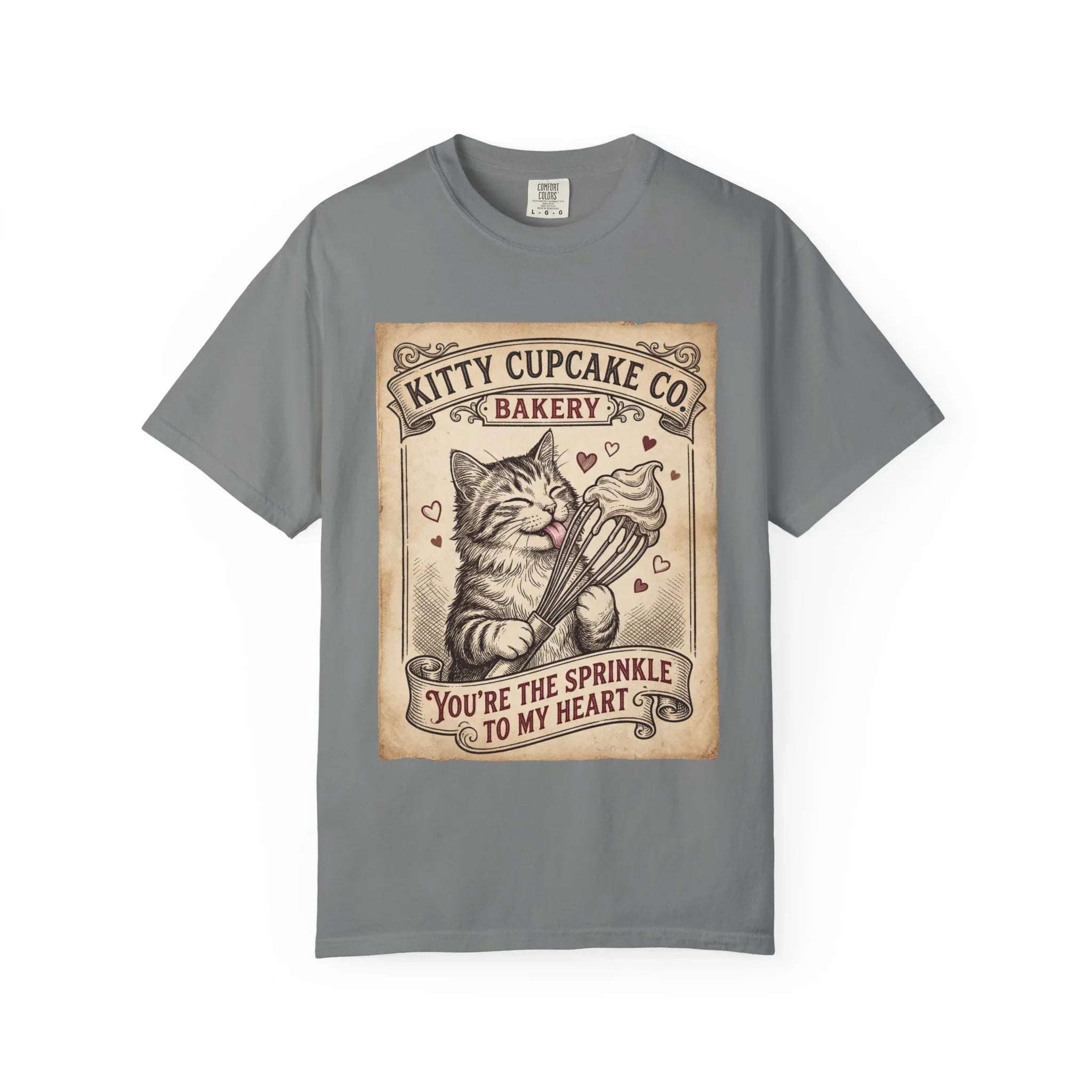 Kitty Cupcake Co T-Shirt | Vintage Cat Bakery Youre the Sprinkle to My Heart Graphic Tee Grey