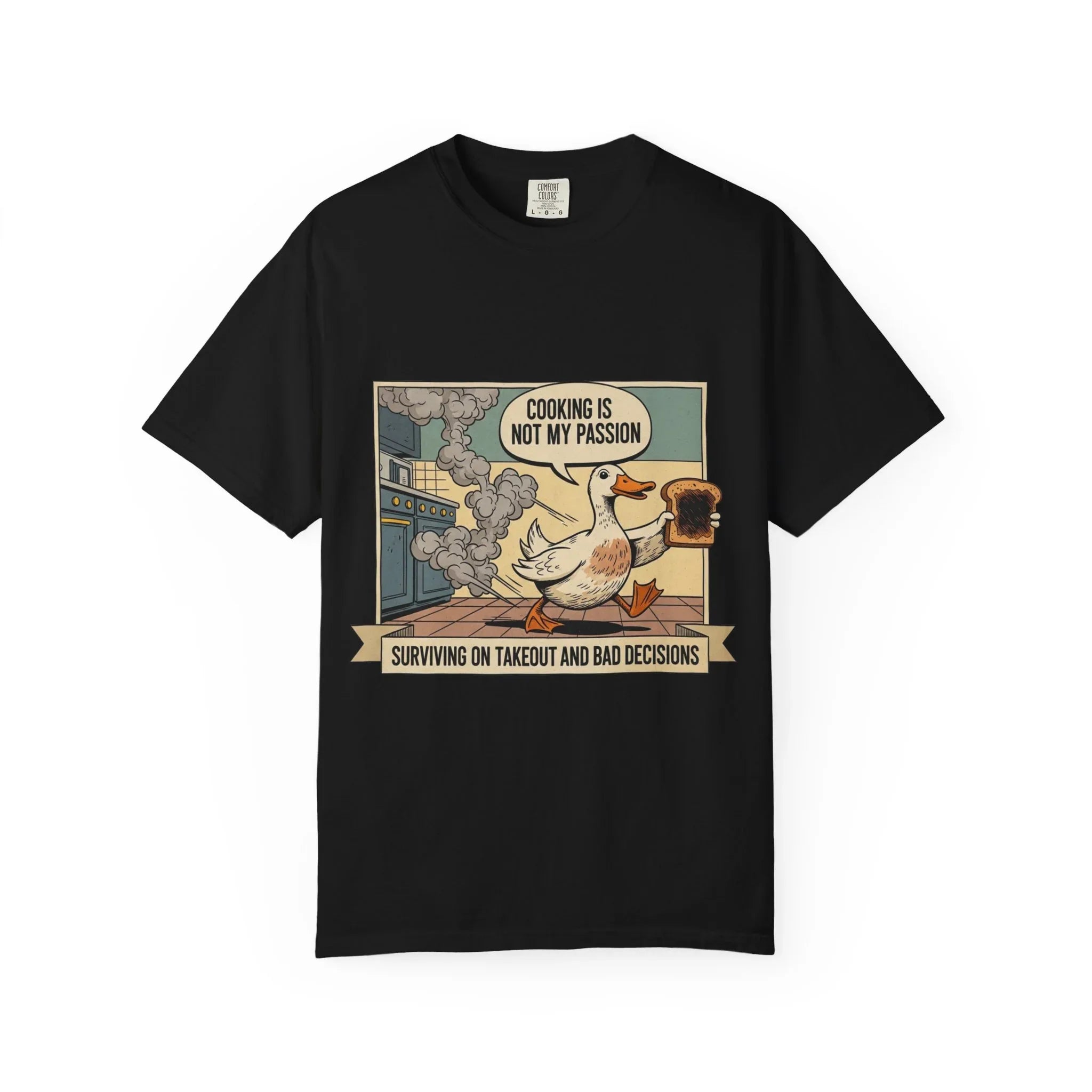 Funny Duck Cooking Shirt - "Cooking Is Not My Passion" Retro Tee - Sarcastic Kitchen Fail Graphic T-Shirt - Vintage Cartoon Foodie Gift - Surviving On Takeout Humorous Top Black