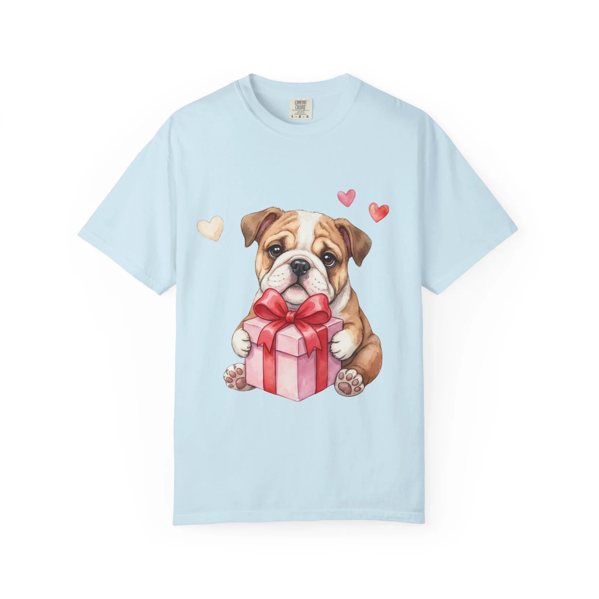 Bulldog Puppy with Gift T-Shirt | Cute Dog Valentine Hearts | Cozy Pet Lover Gift | Soft Vintage Aesthetic Dog Tee Chambray