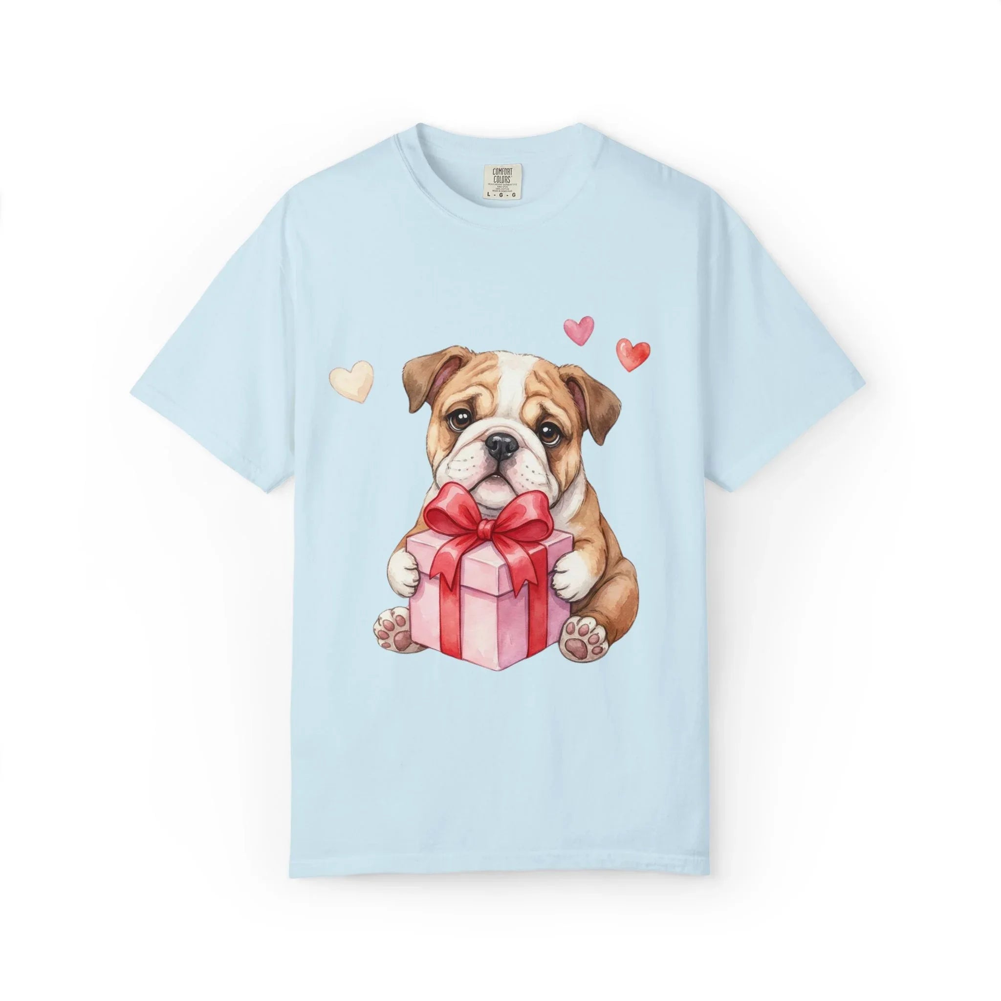 Bulldog Puppy with Gift T-Shirt | Cute Dog Valentine Hearts | Cozy Pet Lover Gift | Soft Vintage Aesthetic Dog Tee Chambray