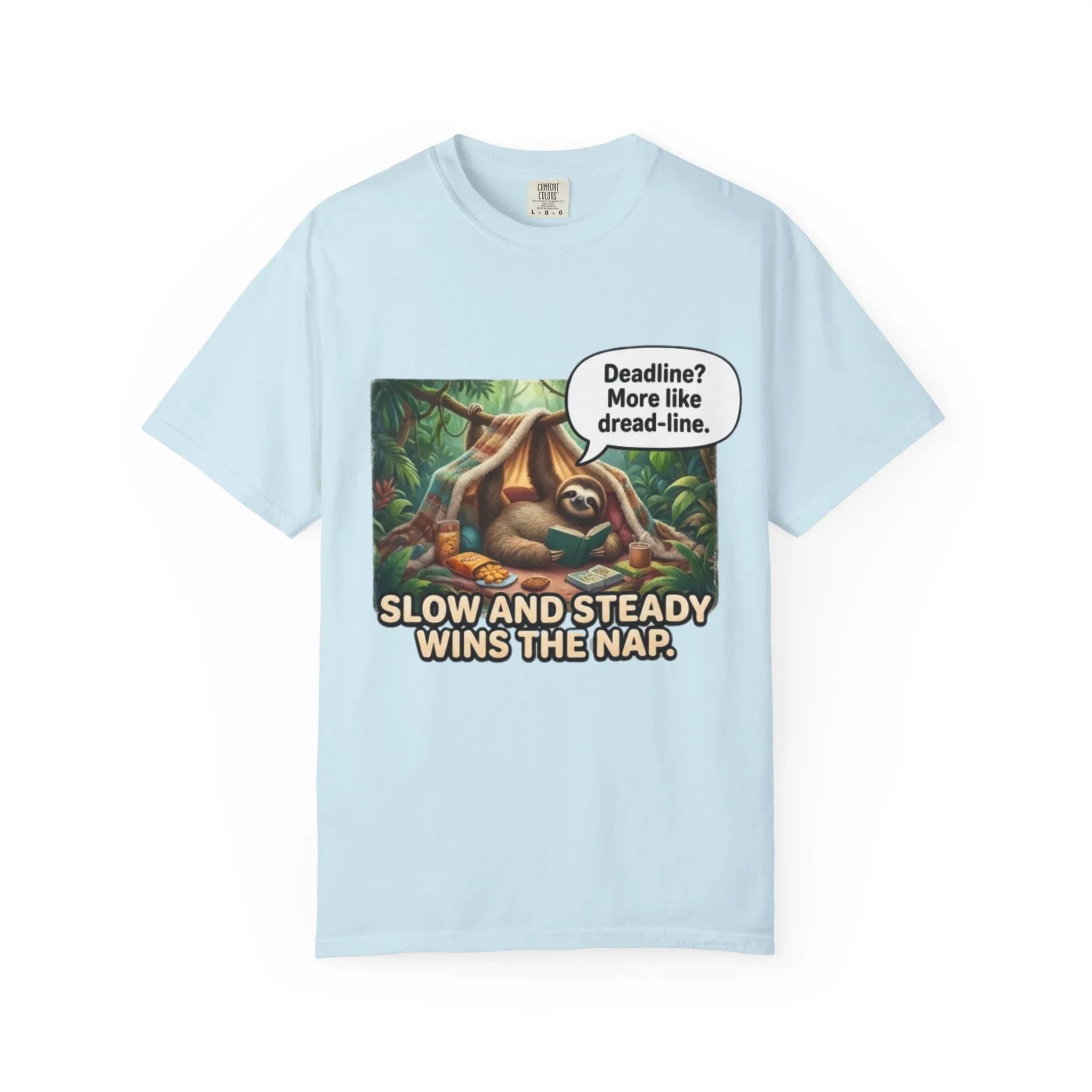 Slow and Steady Wins the Nap Sloth T-Shirt | Cute Lazy Sloth Illustration | Self Care Humor Gift | Vintage Cozy Productivity Tee Chambray