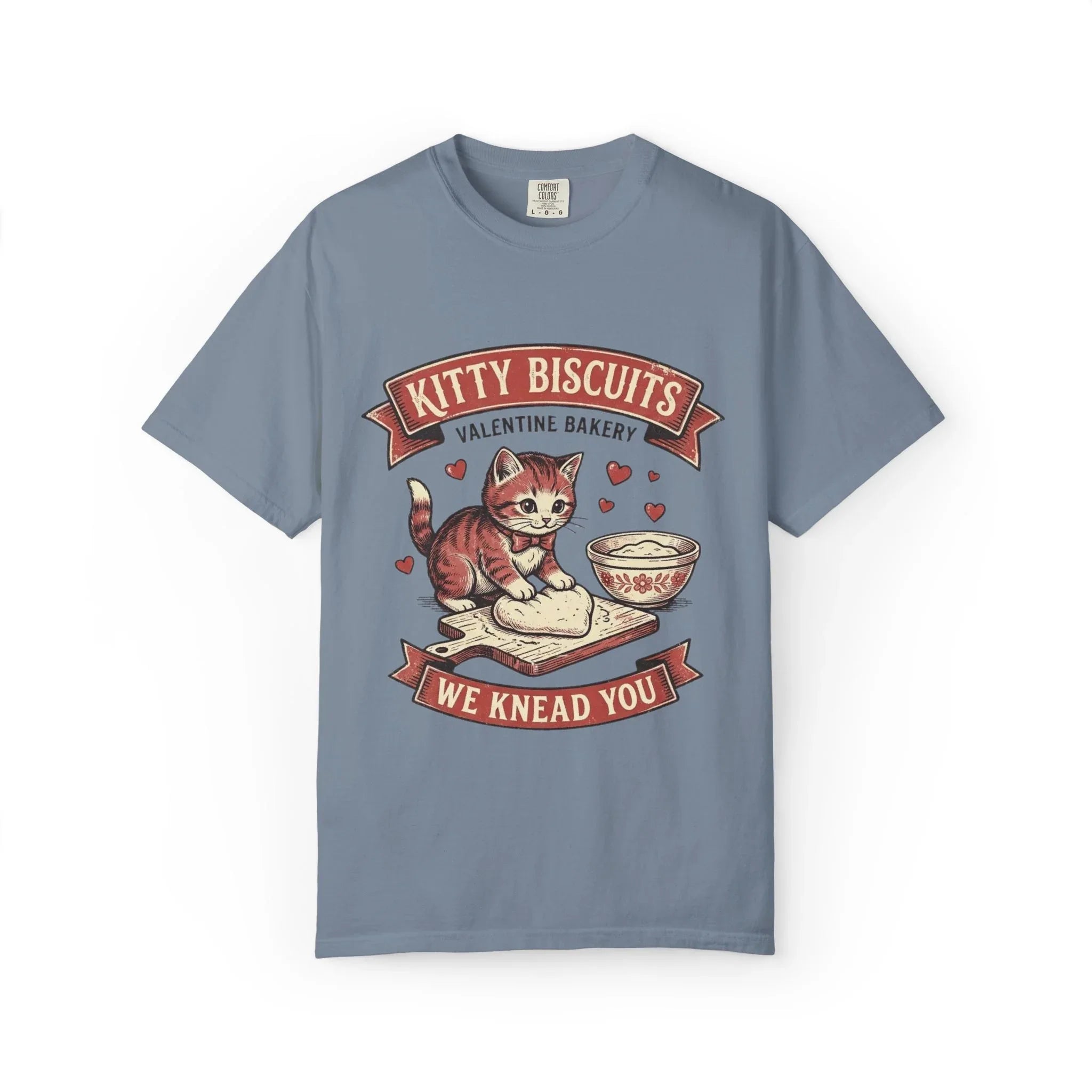 Kitty Biscuits T-Shirt | Valentine Bakery Cat We Knead You Graphic Tee Blue Jean