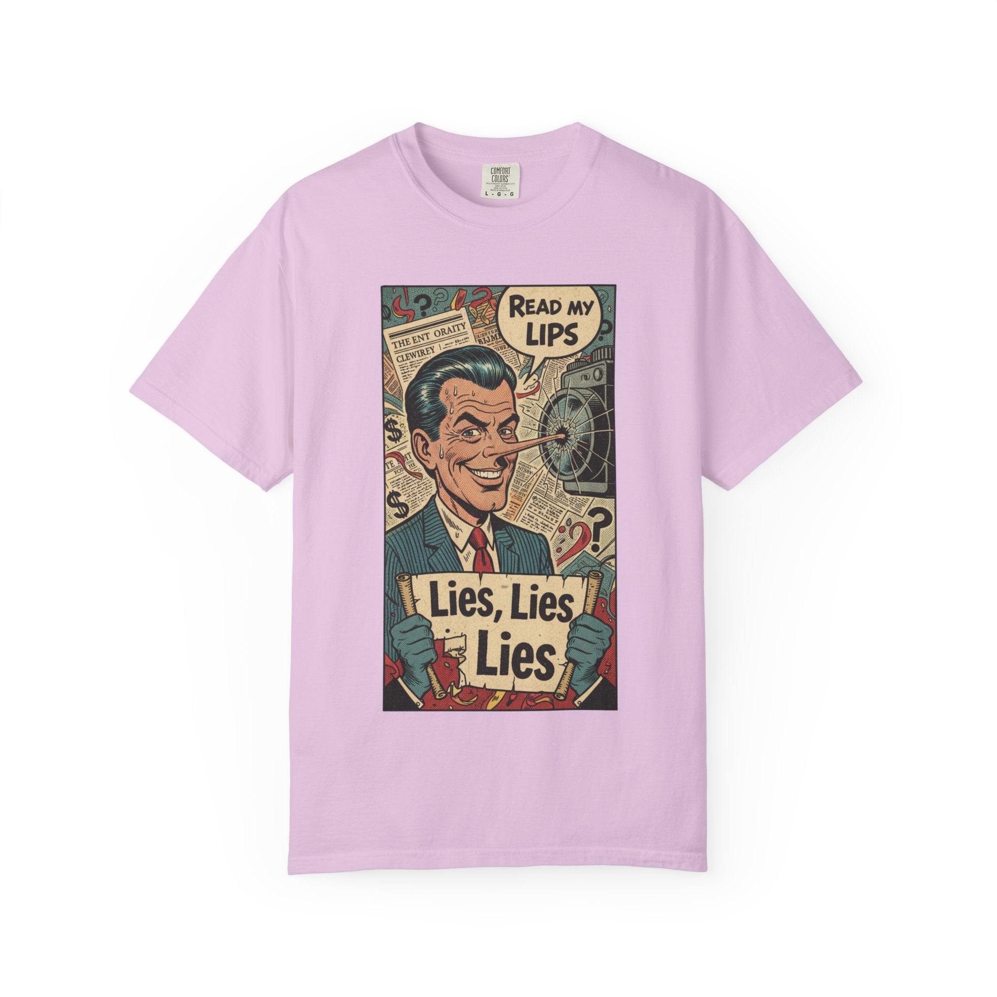 Lies Lies Lies T-Shirt - Read My Lips Satire Tee - Funny Pinocchio Political Shirt - Vintage Comic Graphic - Sarcastic Truth Tee Orchid