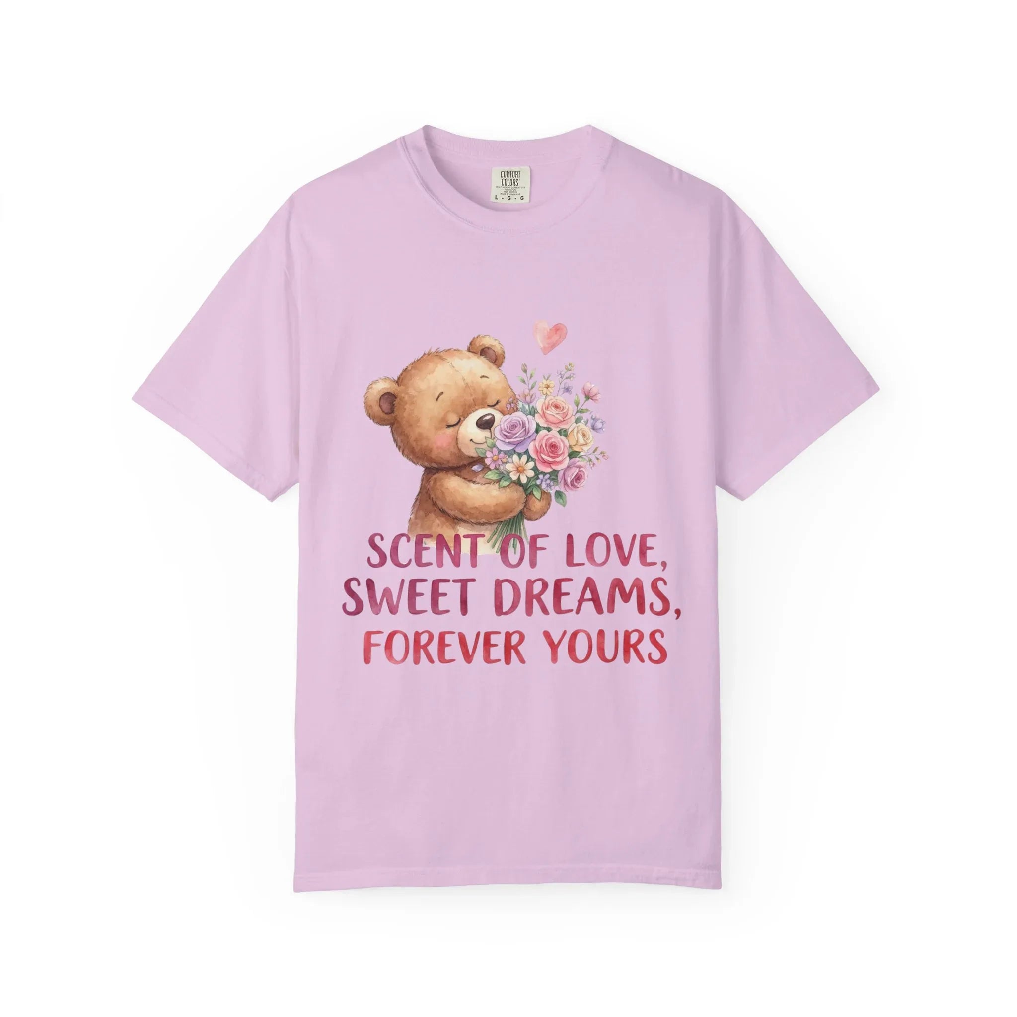 Teddy Bear with Bouquet T-Shirt | Scent of Love Sweet Dreams Forever Yours | Cute Valentine Gift | Cozy Soft Vintage Aesthetic Tee Orchid