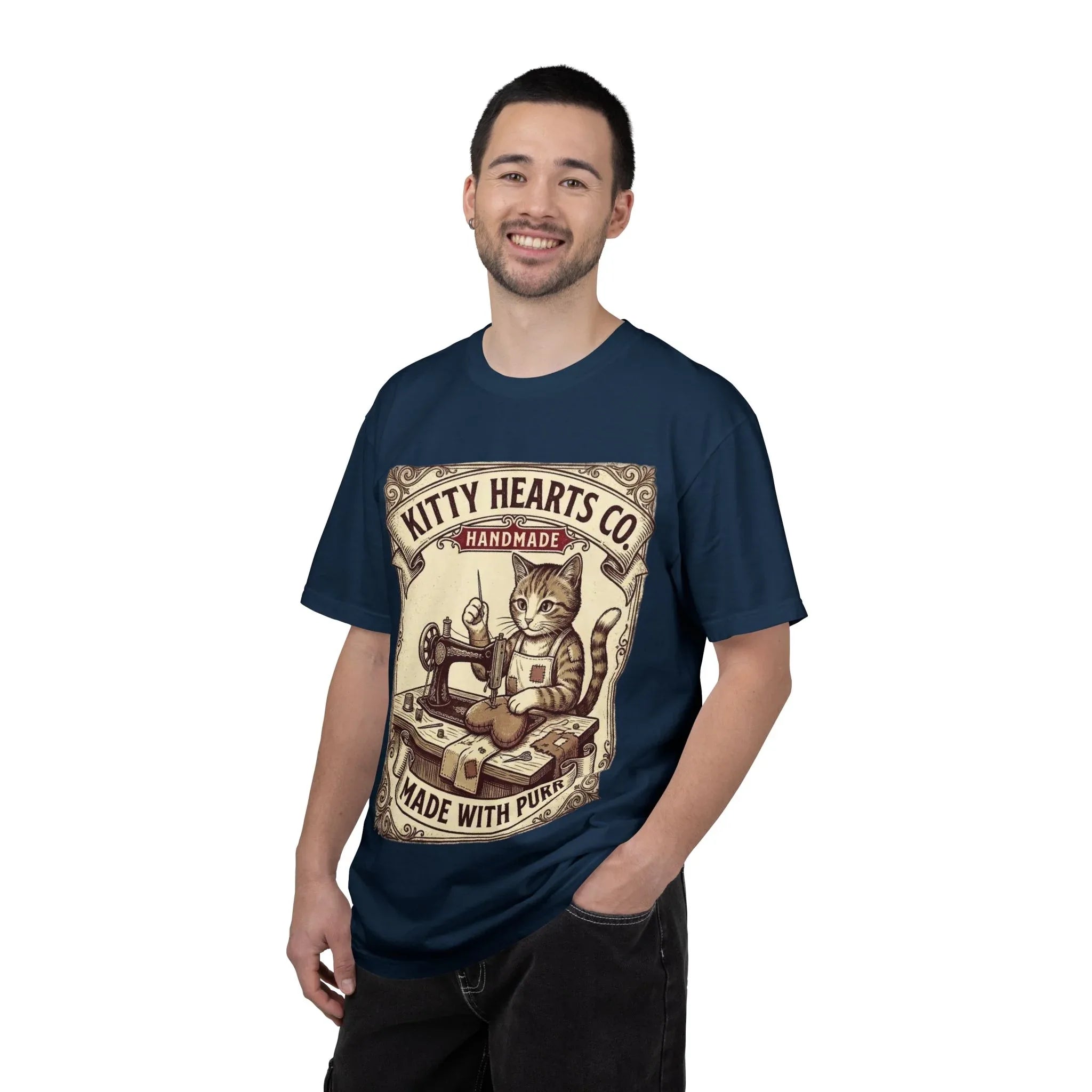 Kitty Hearts Co T-Shirt | Vintage Sewing Cat Made With Purr Graphic Tee | Retro Craft Lover Gift