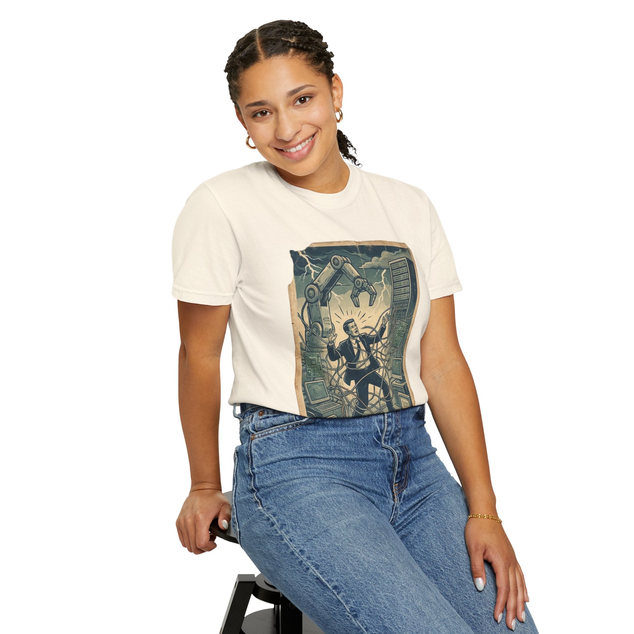 Vintage Dystopian Work Overload Shirt, Retro All-Seeing Eye Tee, Corporate Burnout Graphic, Dark Academia Aesthetic, Gift for Tech Workers, Philosophy Satire Unisex T-Shirt