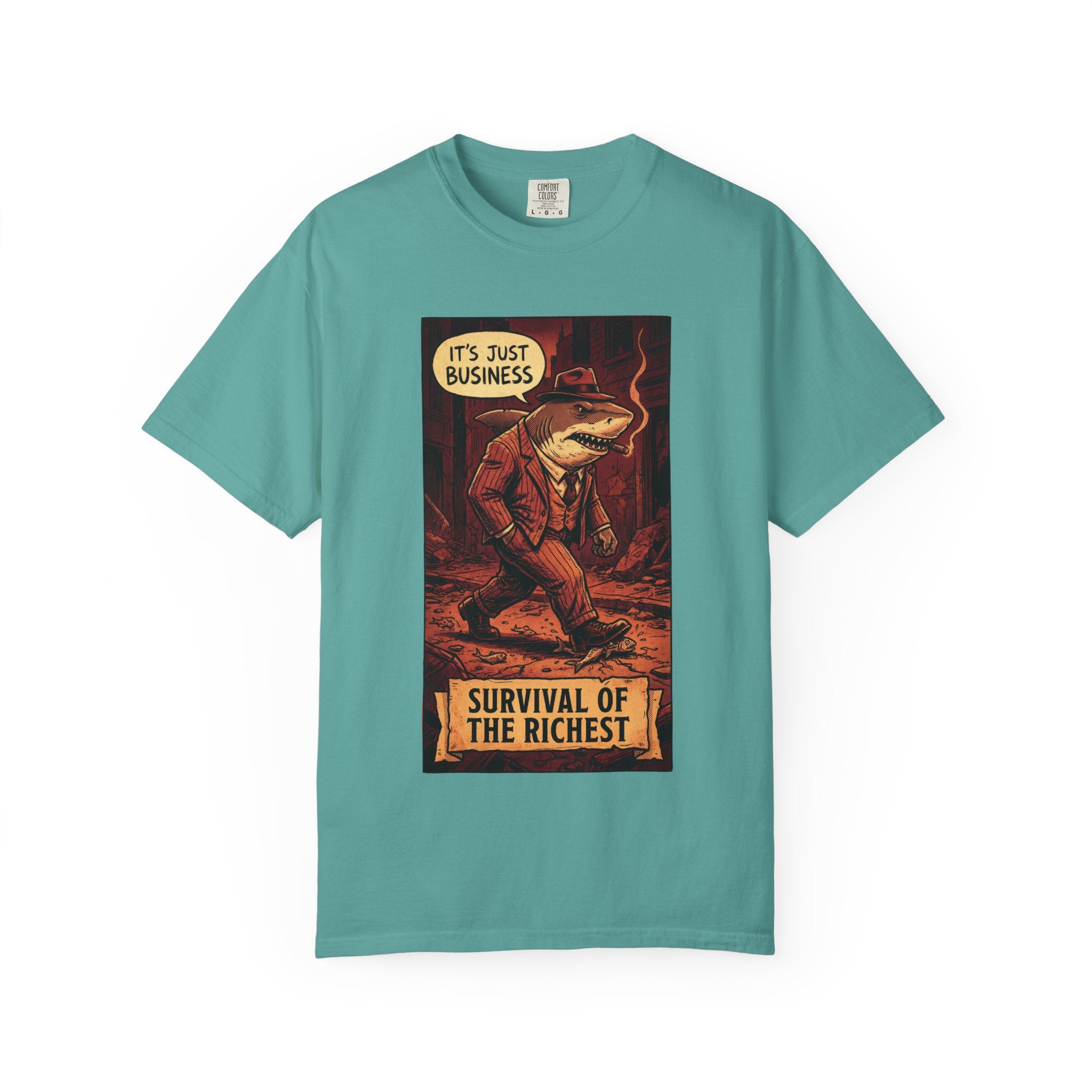 Survival of the Richest Vintage Comic Shirt | Retro Business Shark Satire Tee | Dark Humor Corporate Streetwear Seafoam