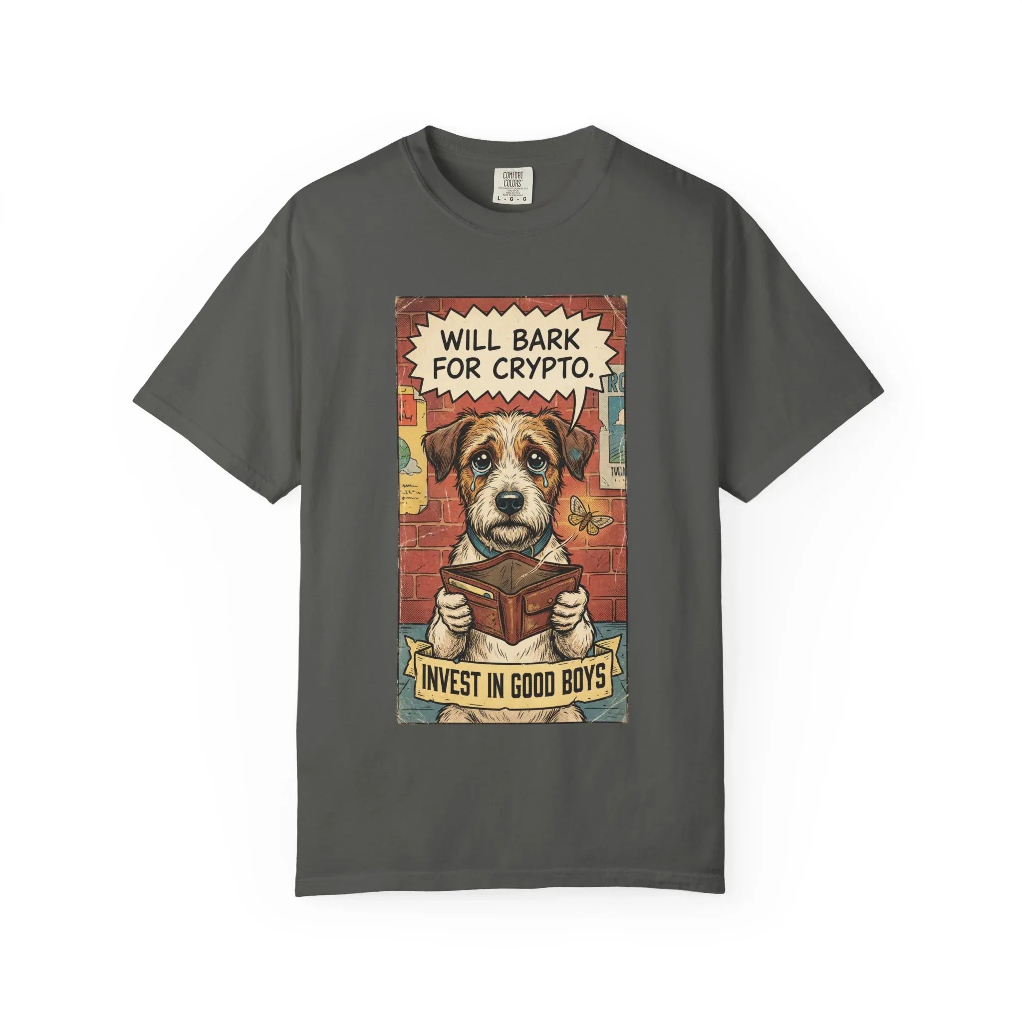 Funny Crypto Dog Shirt - Vintage Dogecoin Bitcoin Investor Gift - "Will Bark for Crypto" Graphic Tee - Retro Satirical Meme Clothing - HODL & Buy the Dip T-Shirt Pepper