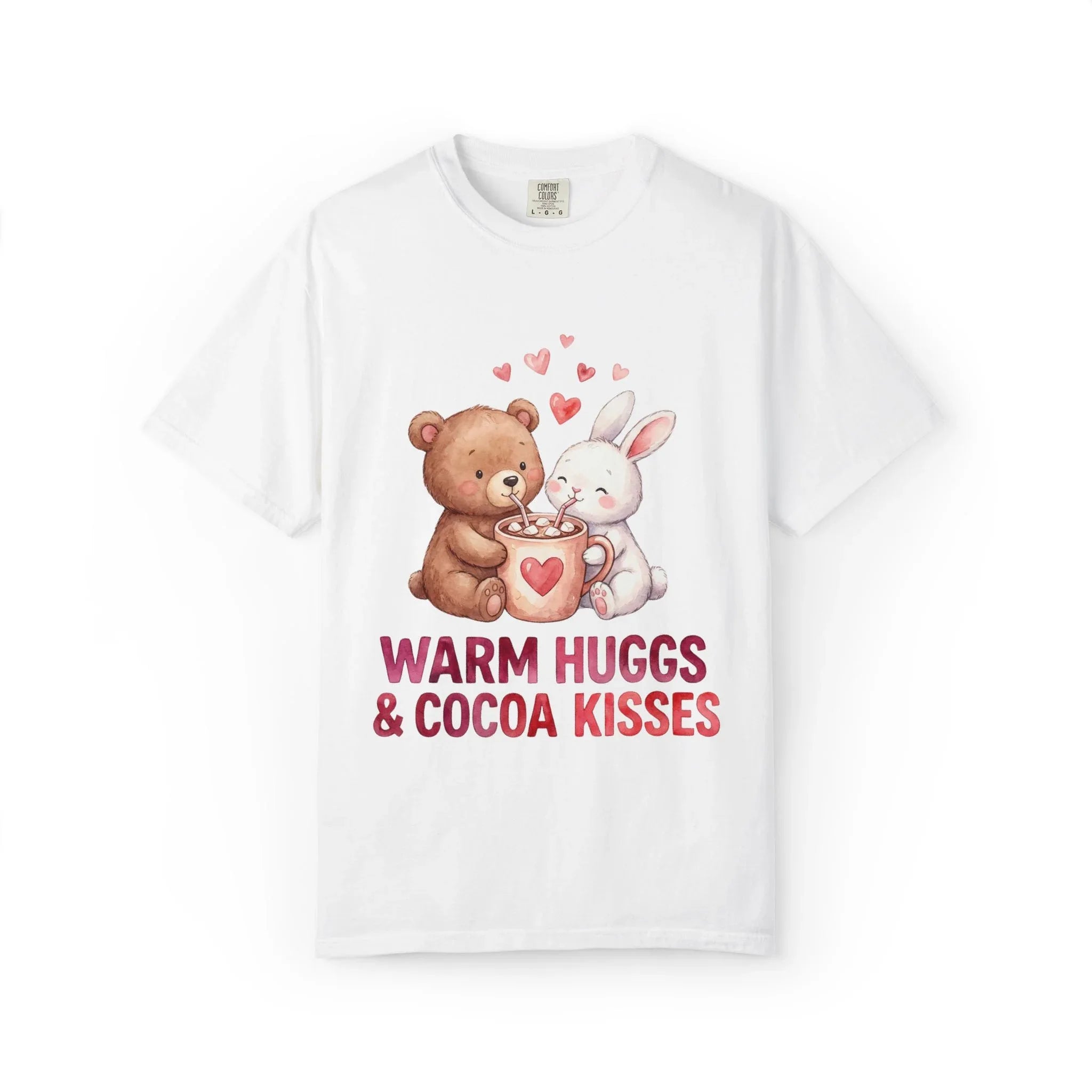 Warm Hugs and Cocoa Kisses T-Shirt | Bear Bunny Hot Cocoa Design | Cozy Winter Valentine Gift | Soft Vintage Aesthetic Tee