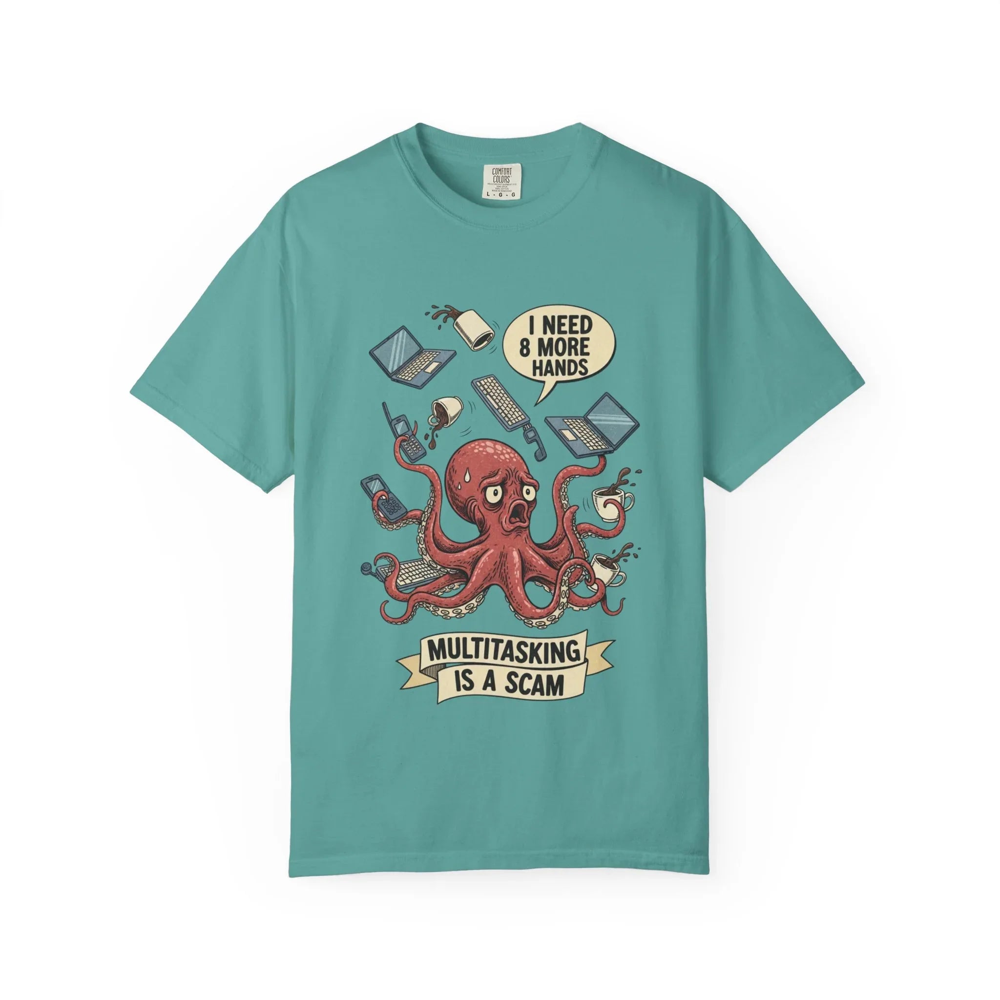 Funny Octopus Shirt - "Multitasking Is A Scam" T-Shirt - Vintage Work Humor Tee - Office Gift for Coworker - Burnout Graphic Tee - Retro Cartoon Top Seafoam