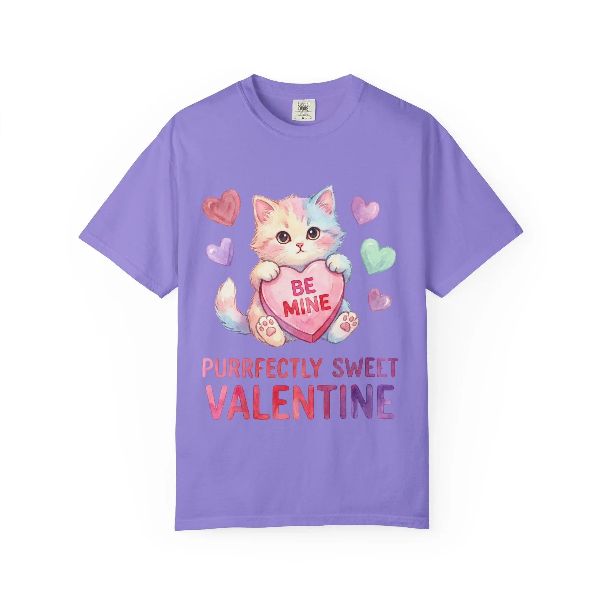 Purrfectly Sweet Valentine Cat T-Shirt | Be Mine Heart Design | Cute Pastel Kitten Tee | Cozy Romantic Gift for Cat Lovers Violet