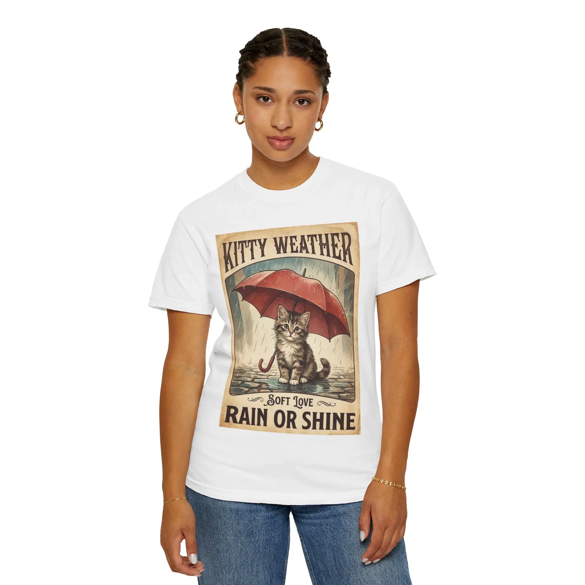 Kitty Weather Rain or Shine Shirt, Umbrella Cat Vintage Poster T-Shirt, Cozy Rainy Day Kitten Tee, Retro Cat Lover Gift