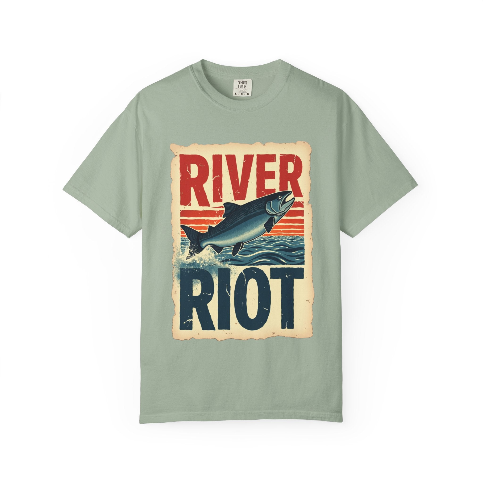 River Riot Salmon T-Shirt, Retro Fishing Graphic Tee, Vintage Fish Poster Design, Leaping Salmon Sunburst Stripes, Unisex Garment-Dyed Bay