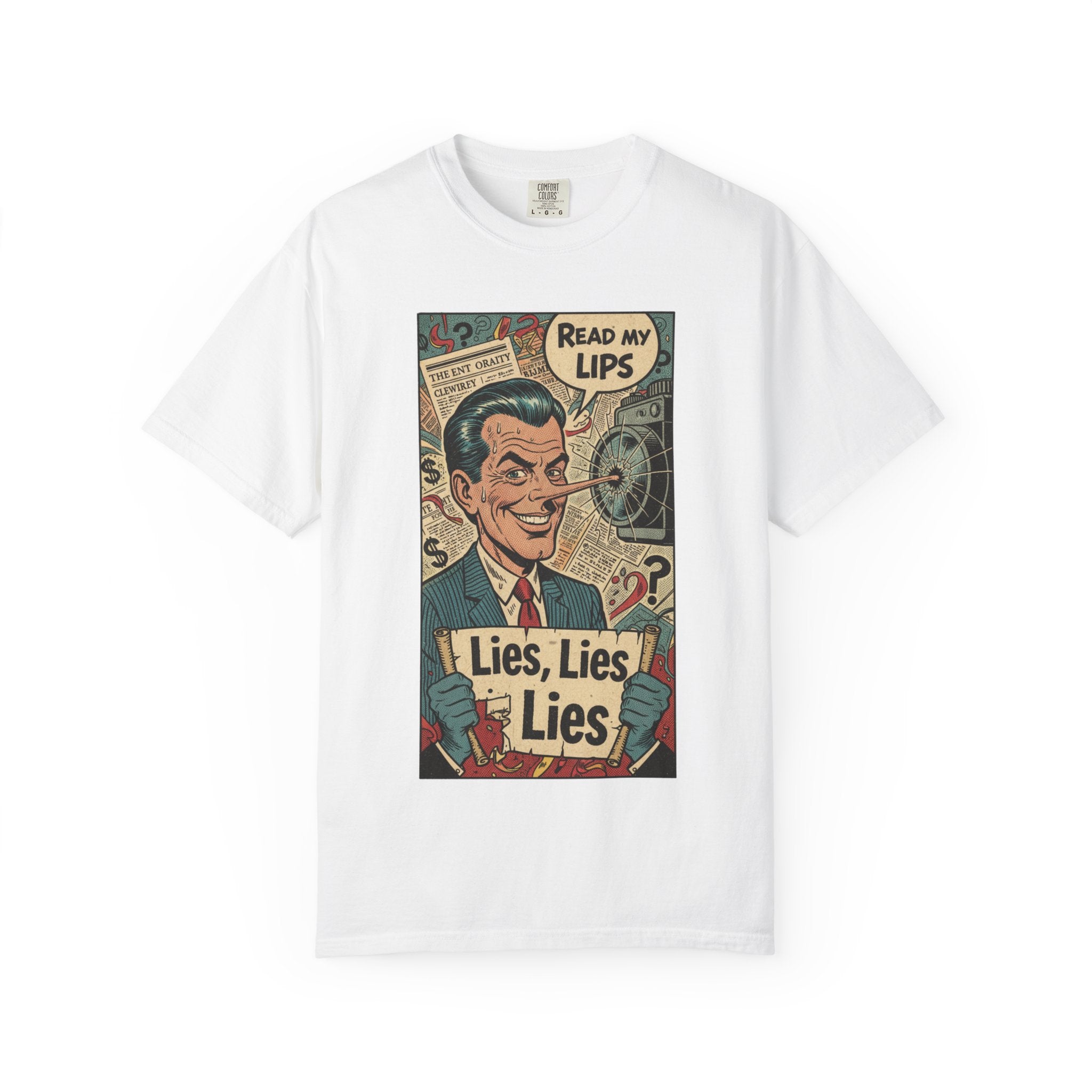Lies Lies Lies T-Shirt - Read My Lips Satire Tee - Funny Pinocchio Political Shirt - Vintage Comic Graphic - Sarcastic Truth Tee White