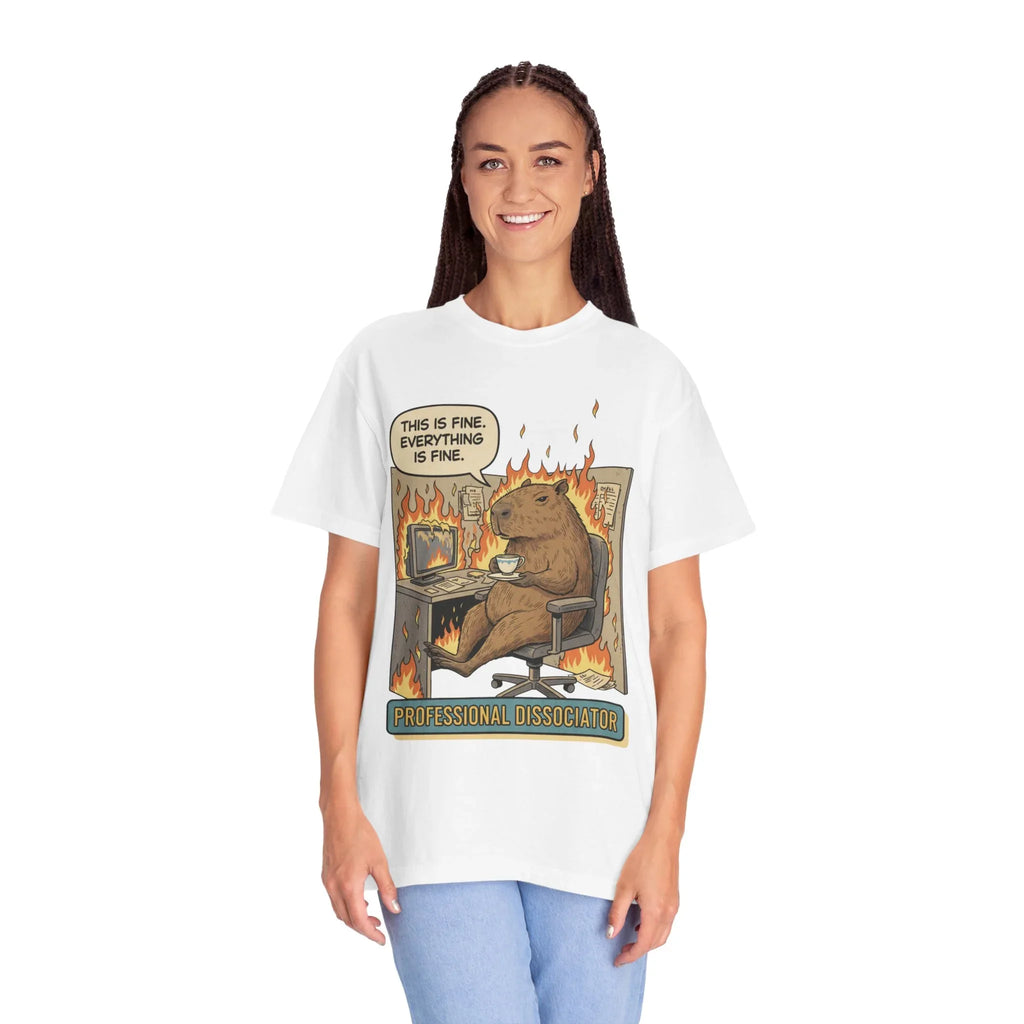 Funny Capybara "This Is Fine" Shirt - Professional Dissociator Tee - Mental Health Meme T-Shirt - Sarcastic Office Humor Gift - Relatable Corporate Grind Apparel