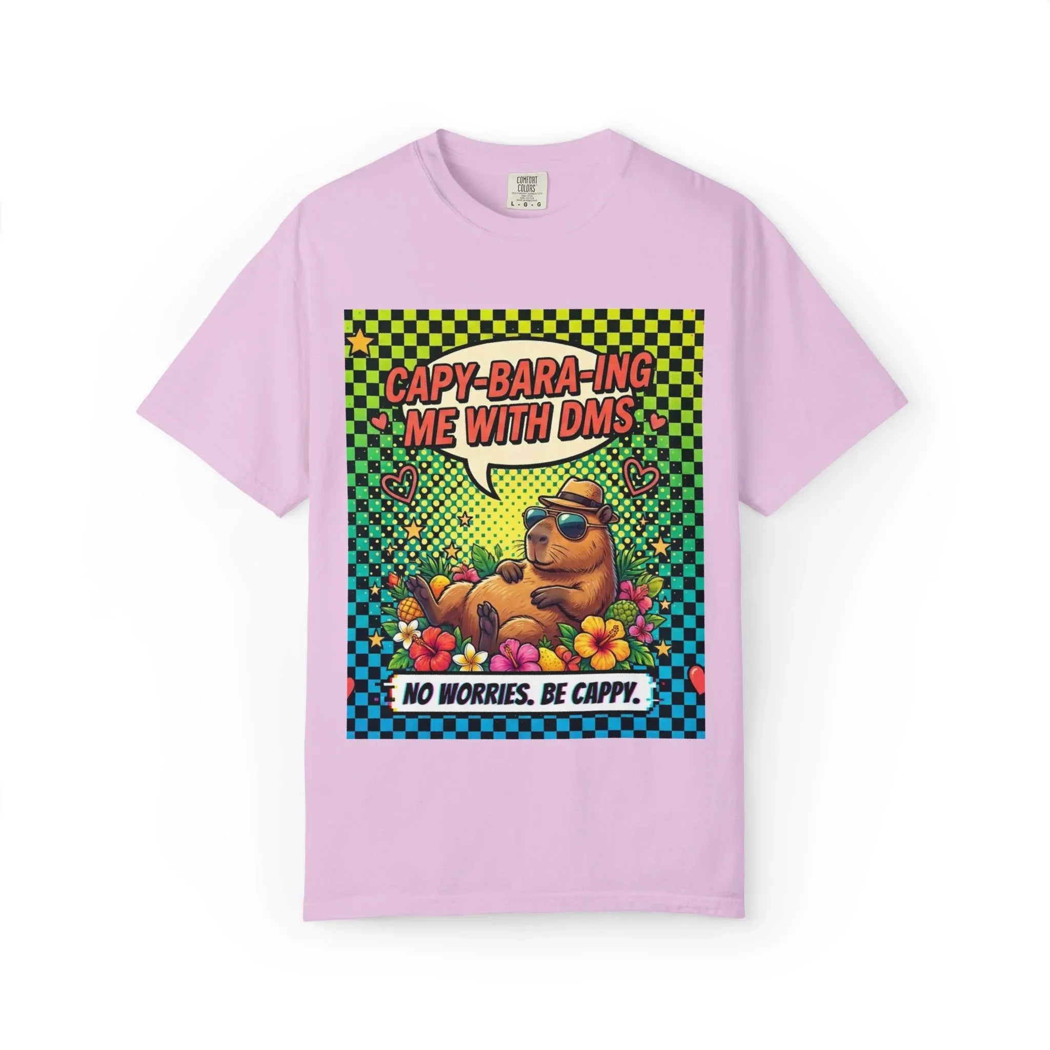 Capybara Relaxing Cartoon T-Shirt | Capy-bara-ing Me With DMs Tee | No Worries Be Cappy | Viral Meme Humor Gift Shirt Orchid