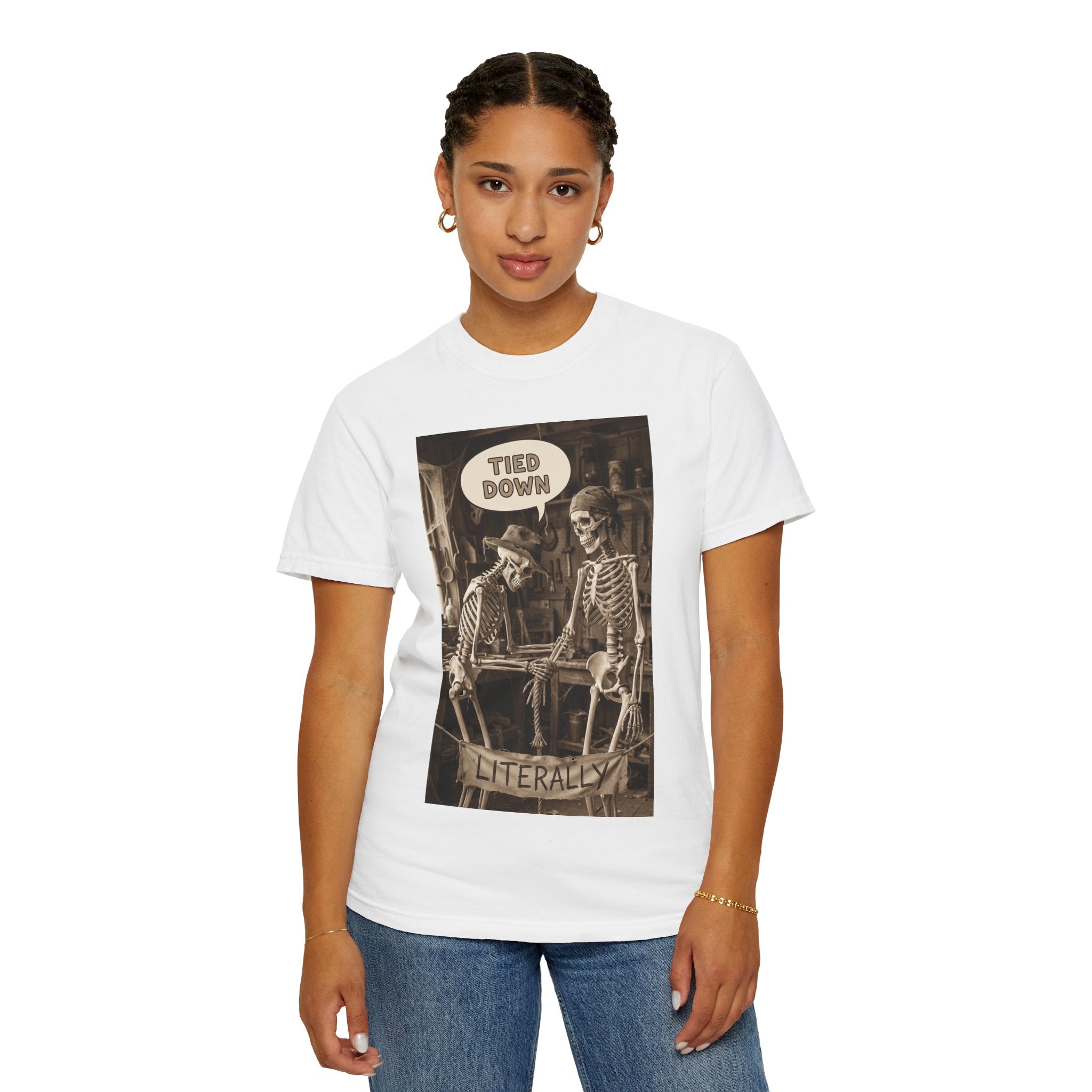 🪢 Tied Down Literally – Vintage Skeleton Satire & Dark Humor Streetwear Unisex Garment-Dyed T-shirt