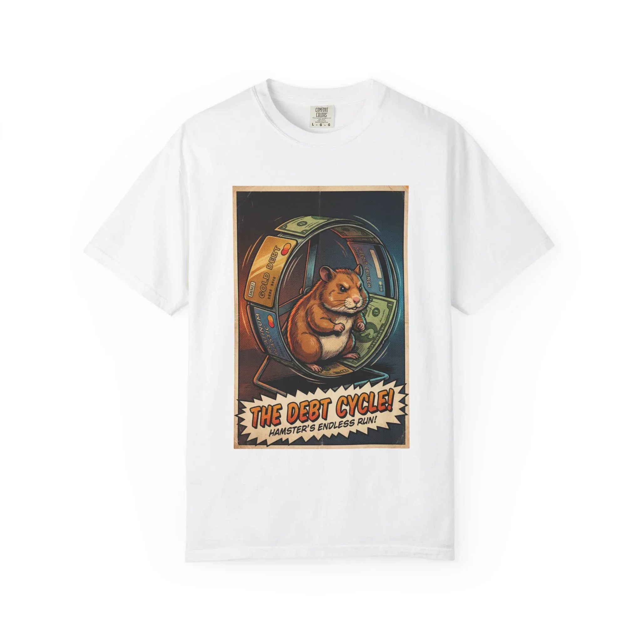 Funny Debt Cycle Hamster Shirt - Retro Comic Satire T-Shirt - Financial Humor Graphic Tee - Vintage Credit Crunch Money Art - Sarcastic Credit Card Debt Gift